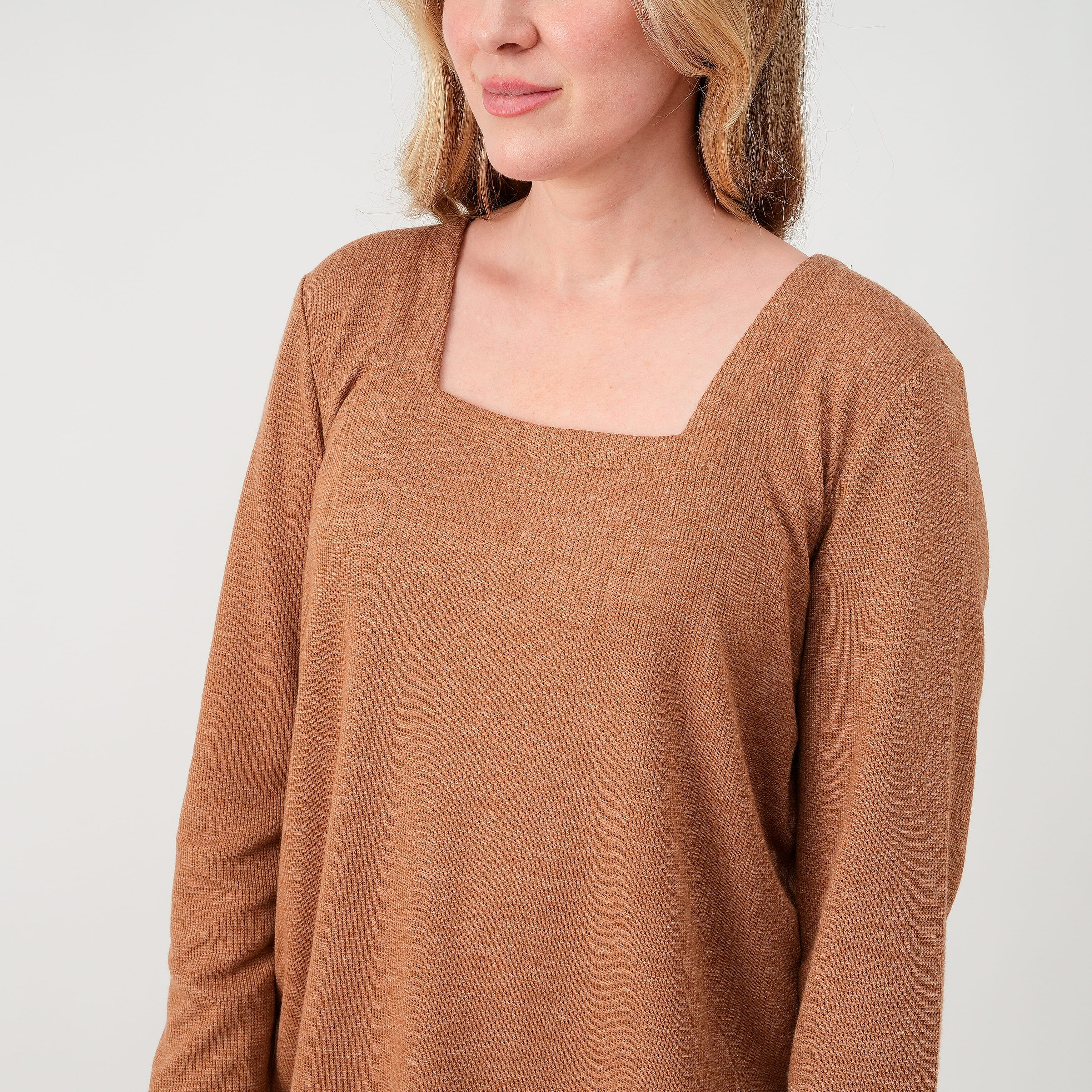 Susan Graver Light Honey Square Neck Waffle Knit Top -S