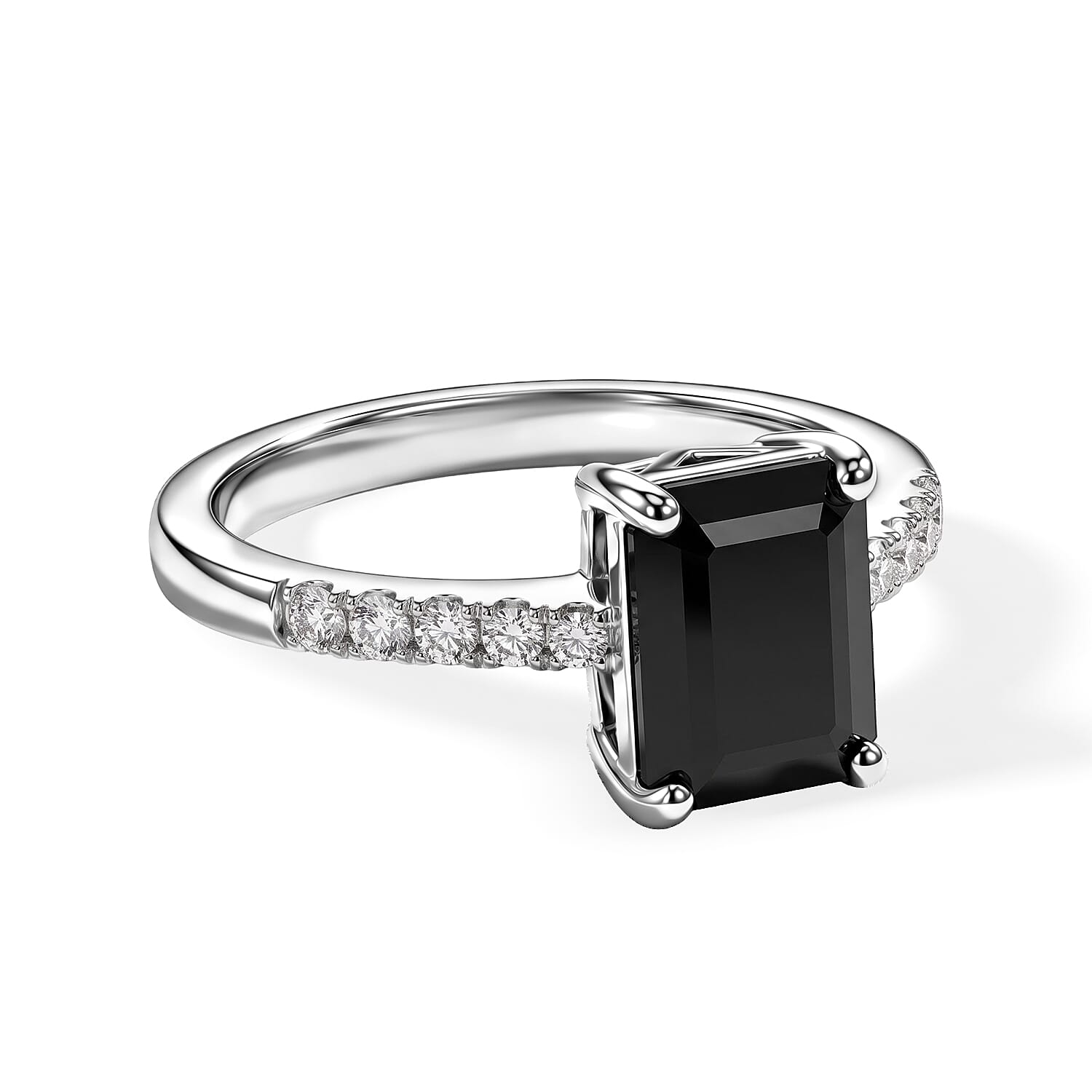 D''Joy Black and White Moissanite (Oct 9x7mm) Ring in Rhodium Over Sterling Silver (Size 10.0) 2.70 ctw