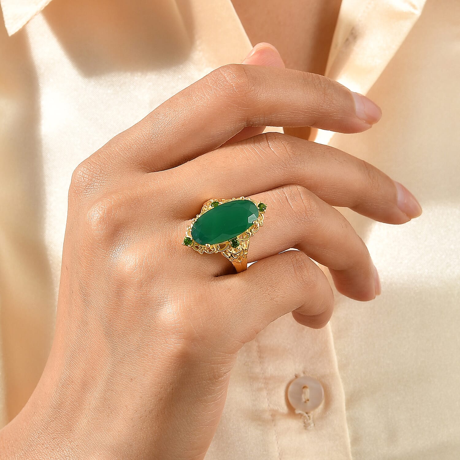 EverTrue Verde Onyx and Chrome Diopside 8.10 ctw Enchanted Vein Ring in 18K YG Plated (Size 10.0)