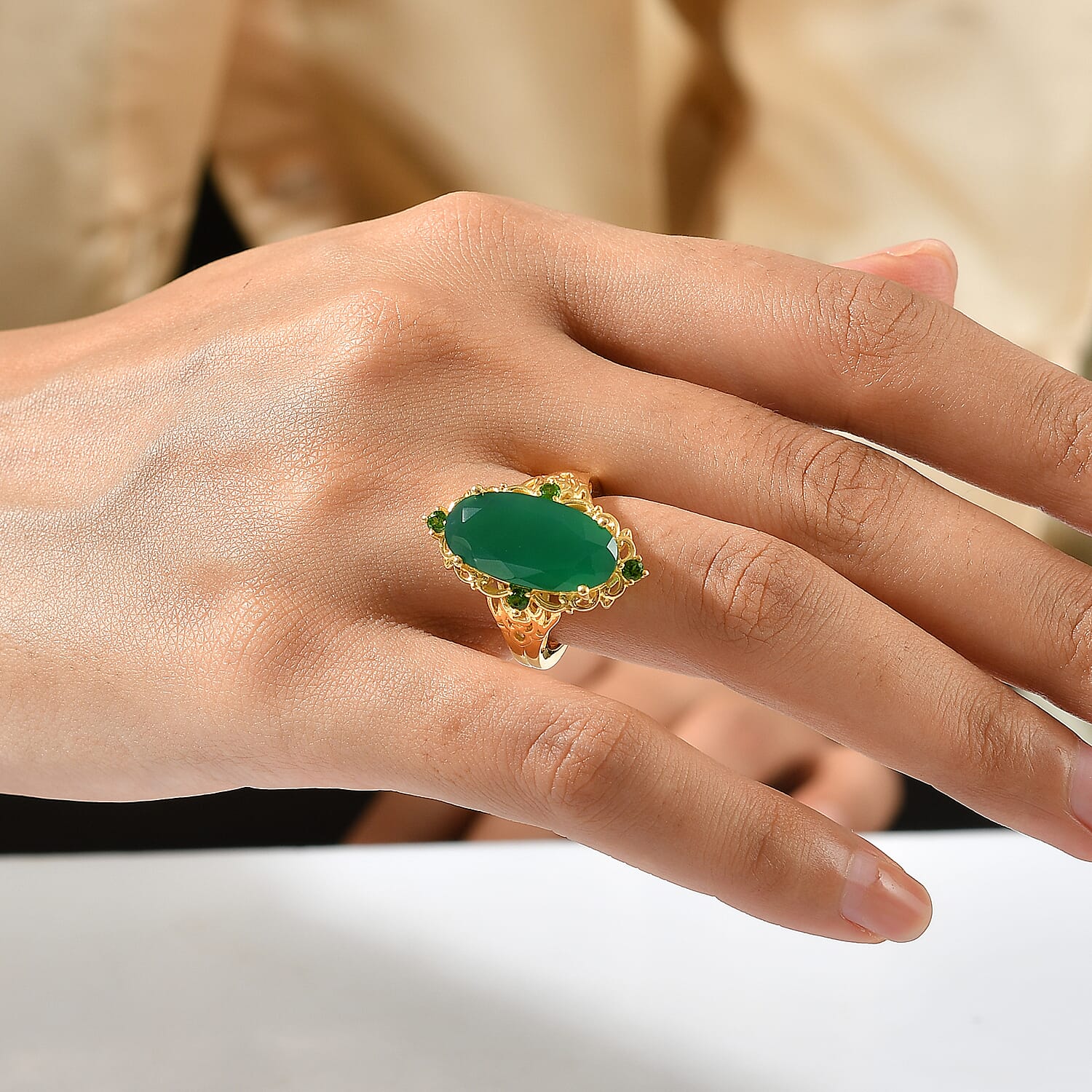 EverTrue Verde Onyx and Chrome Diopside 8.10 ctw Enchanted Vein Ring in 18K YG Plated (Size 10.0)