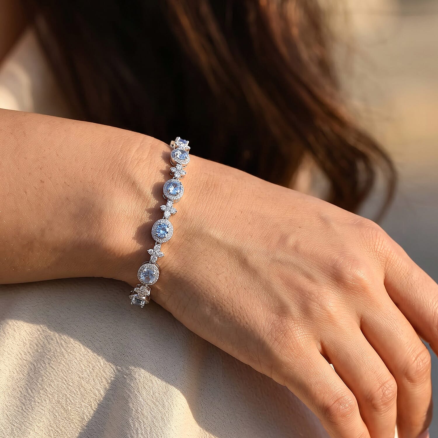 D'Joy Premium Ceylon Blue Sapphire and Moissanite 4.90 ctw in Rhodium Over Sterling Silver (7.25 In)