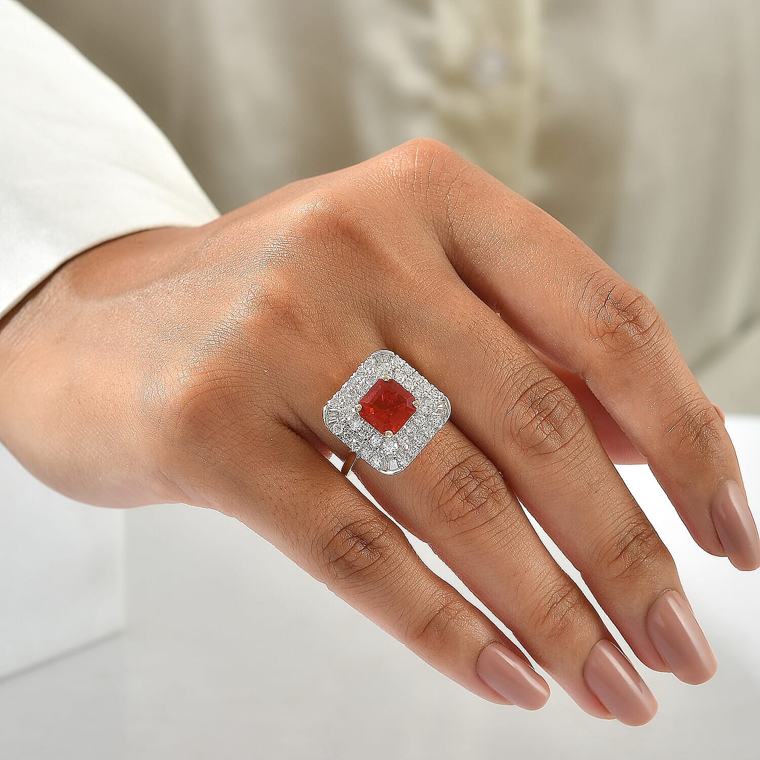 Certified and Appraised AAA Crimson Fire Opal and Luxuriant Lab Grown Diamond G-H SI 2.90 ctw Ring in 10K Yellow Gold (Size 5.0)