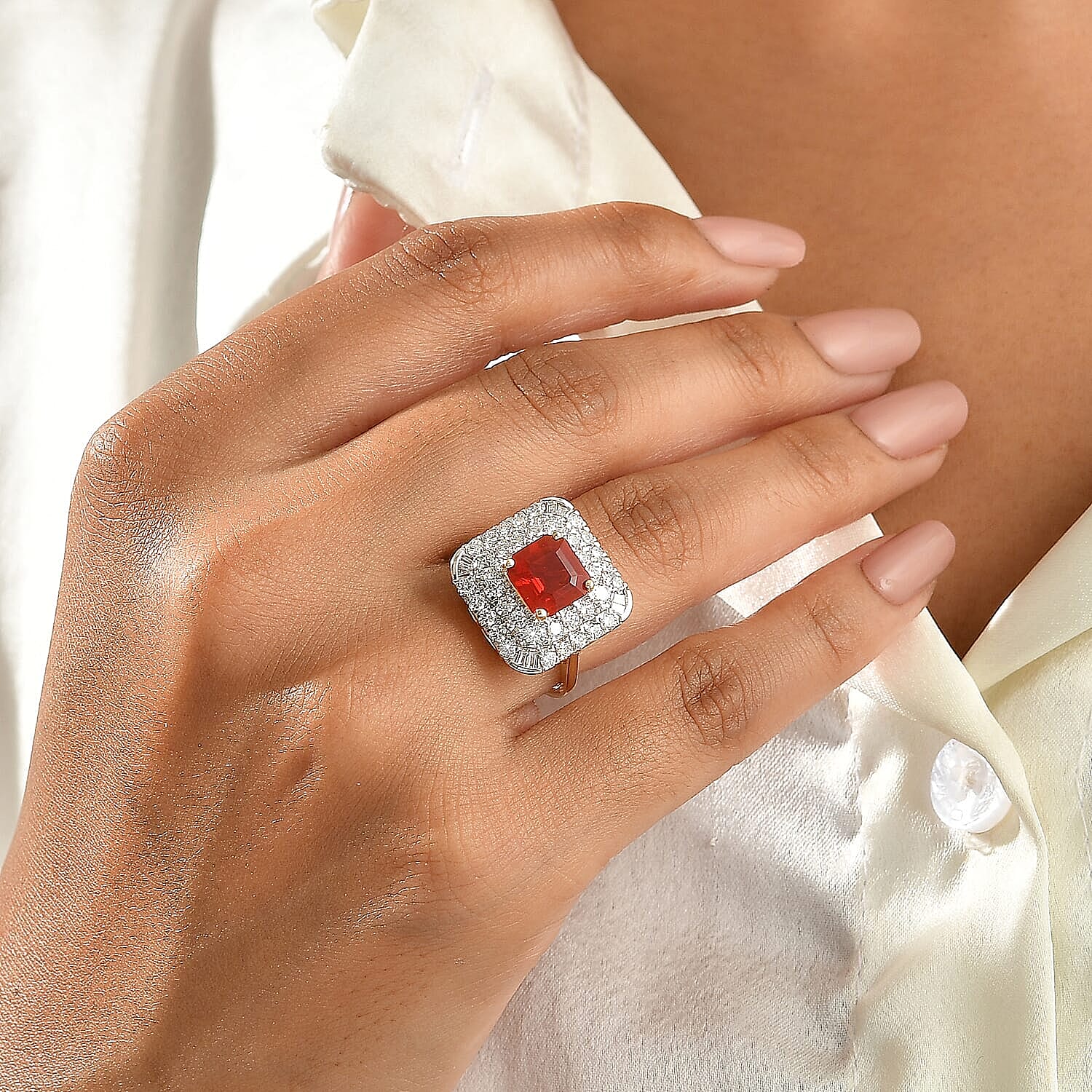 Certified and Appraised AAA Crimson Fire Opal and Luxuriant Lab Grown Diamond G-H SI 2.90 ctw Ring in 10K Yellow Gold (Size 5.0)