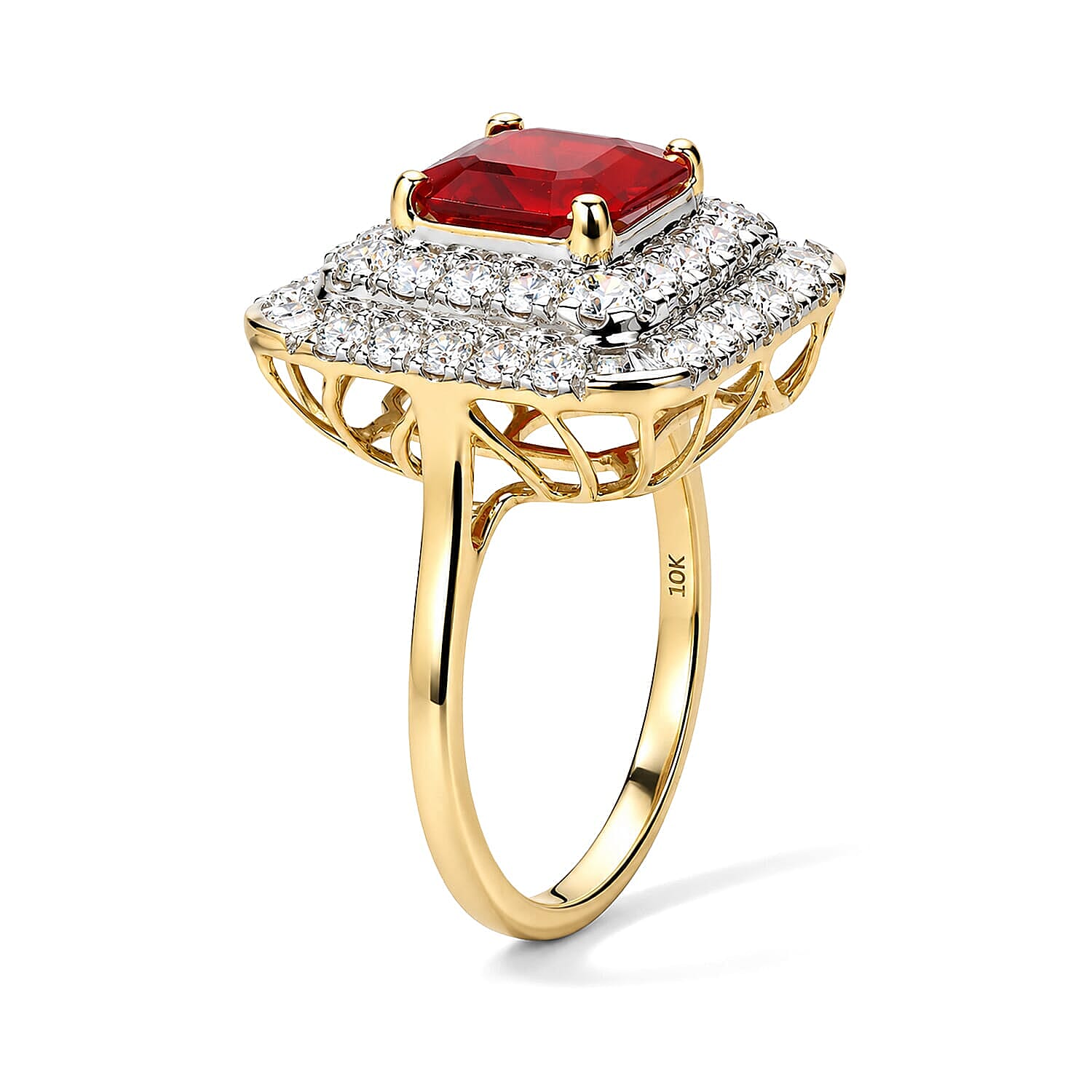 Certified and Appraised AAA Crimson Fire Opal and Luxuriant Lab Grown Diamond G-H SI 2.90 ctw Ring in 10K Yellow Gold (Size 5.0)