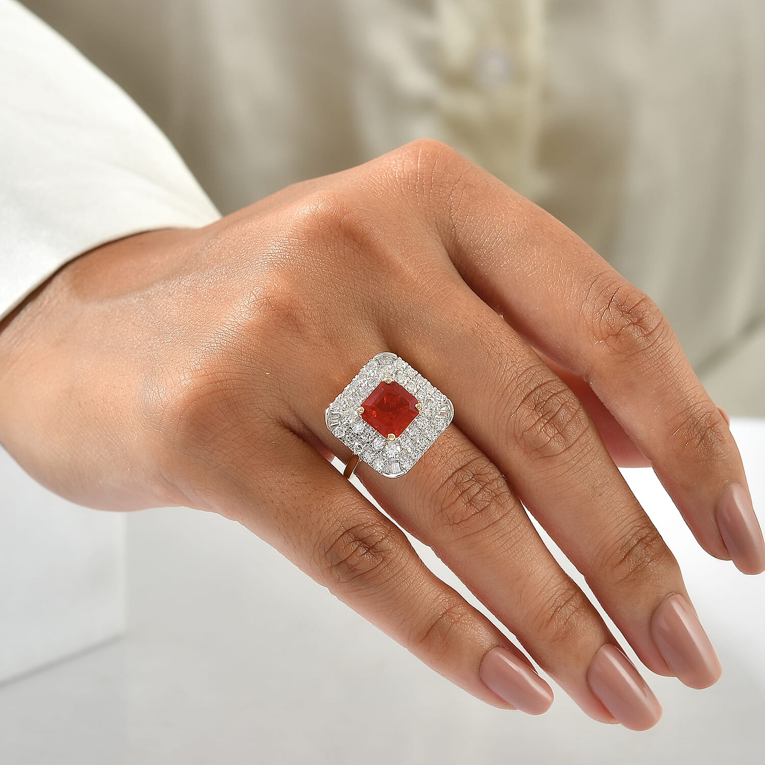 Certified and Appraised AAA Crimson Fire Opal and Luxuriant Lab Grown Diamond G-H SI 2.90 ctw Ring in 10K Yellow Gold (Size 6.0)