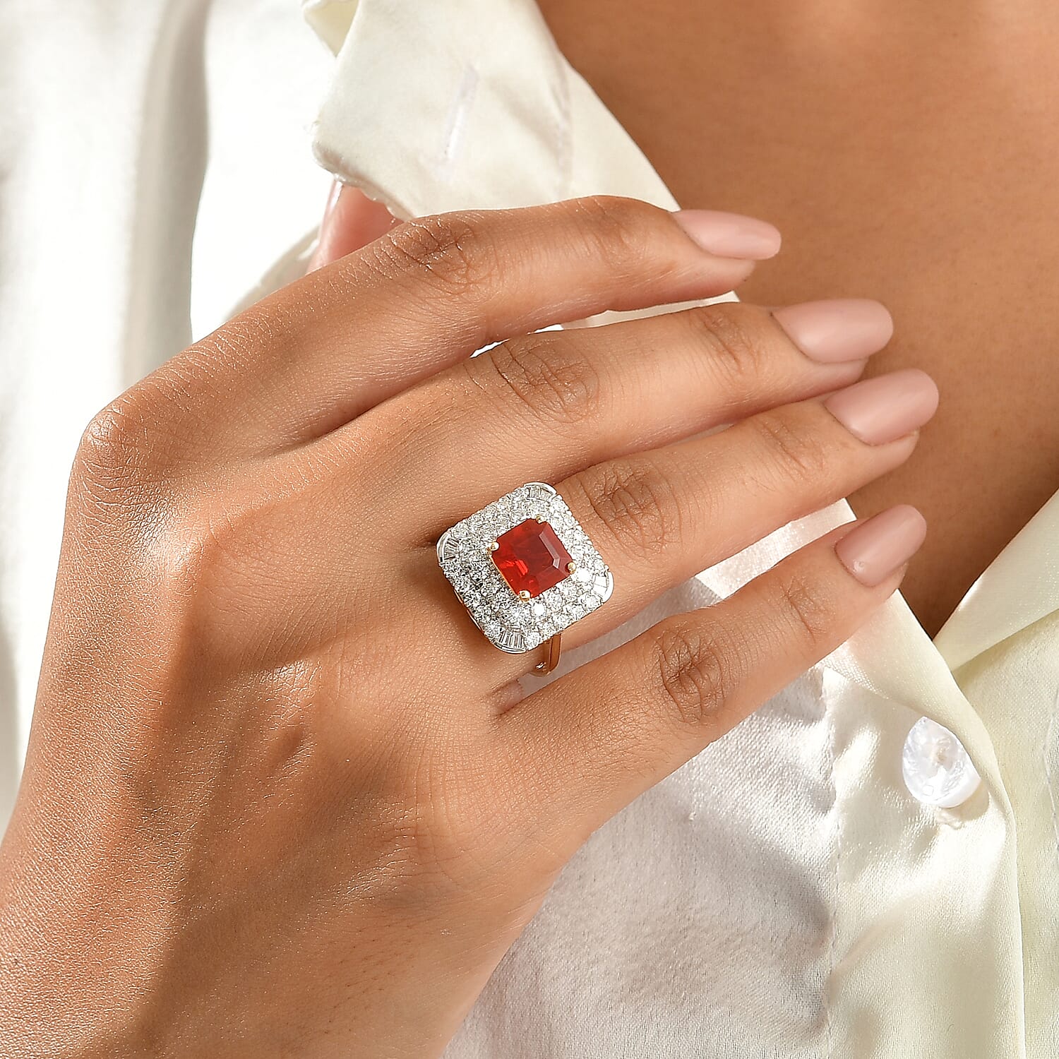 Certified and Appraised AAA Crimson Fire Opal and Luxuriant Lab Grown Diamond G-H SI 2.90 ctw Ring in 10K Yellow Gold (Size 6.0)