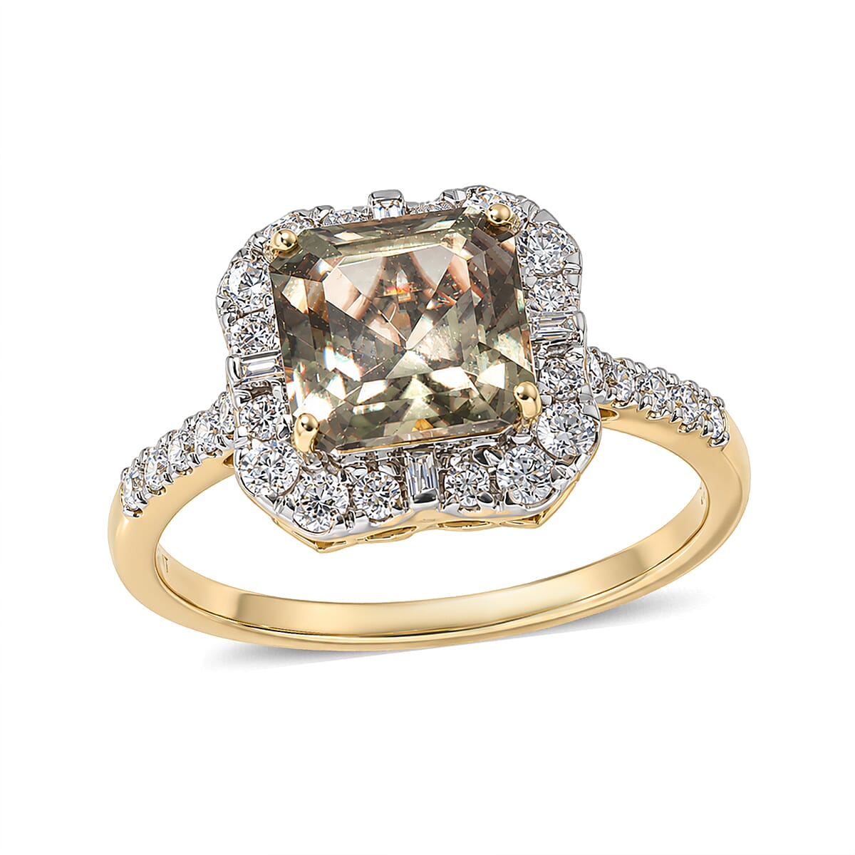 Certified and Appraised Asscher Cut AAA Turkizite and Luxuriant Lab Grown Diamond G-H SI 3.65 ctw Ring in 10K Yellow Gold (Size 6.0)