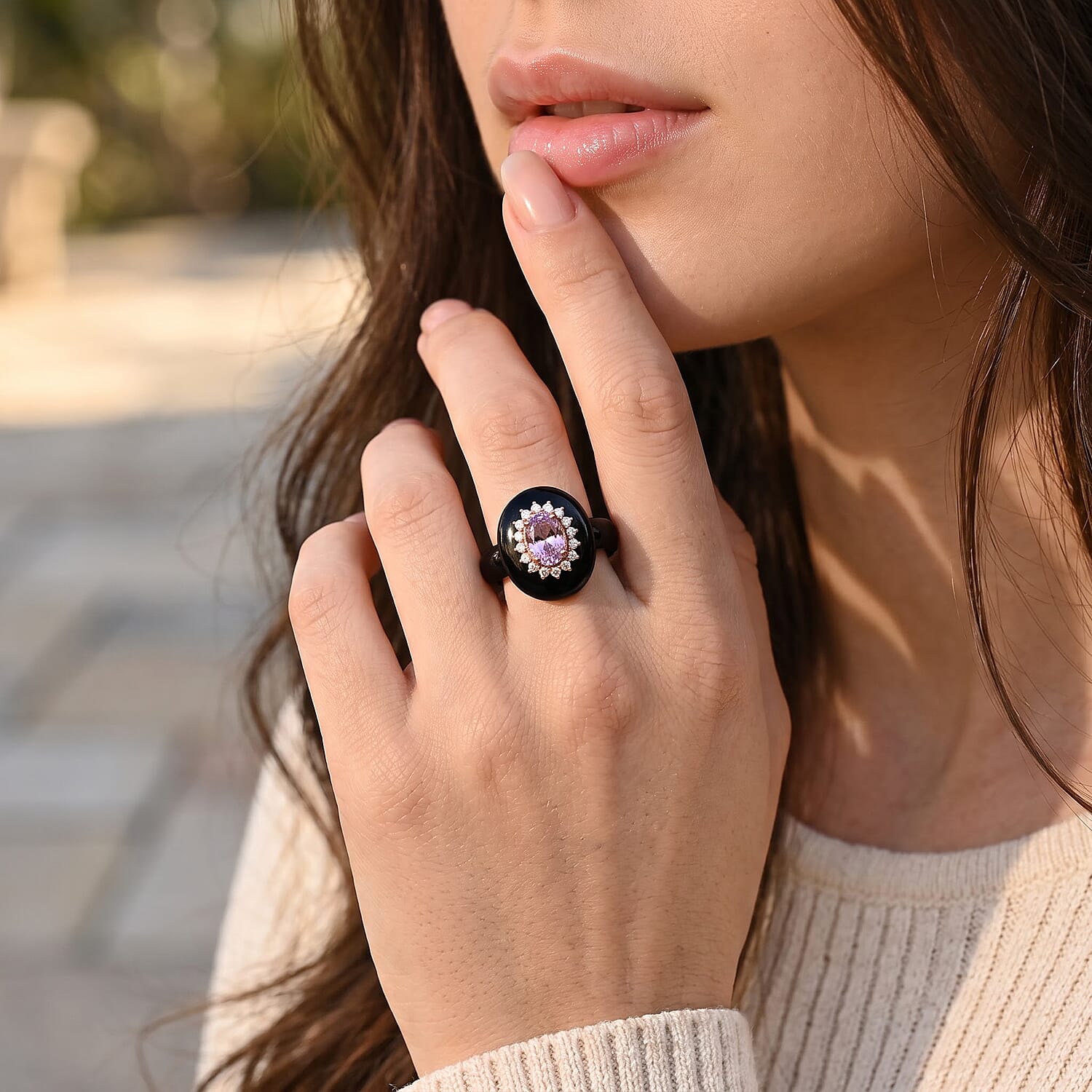 D'Joy Premium Martha Rocha Kunzite, Moissanite and Black Jade(D) 25.65 ctw Halo Ring in Vermeil Rose Gold Over Sterling Silver (Size 6.0)