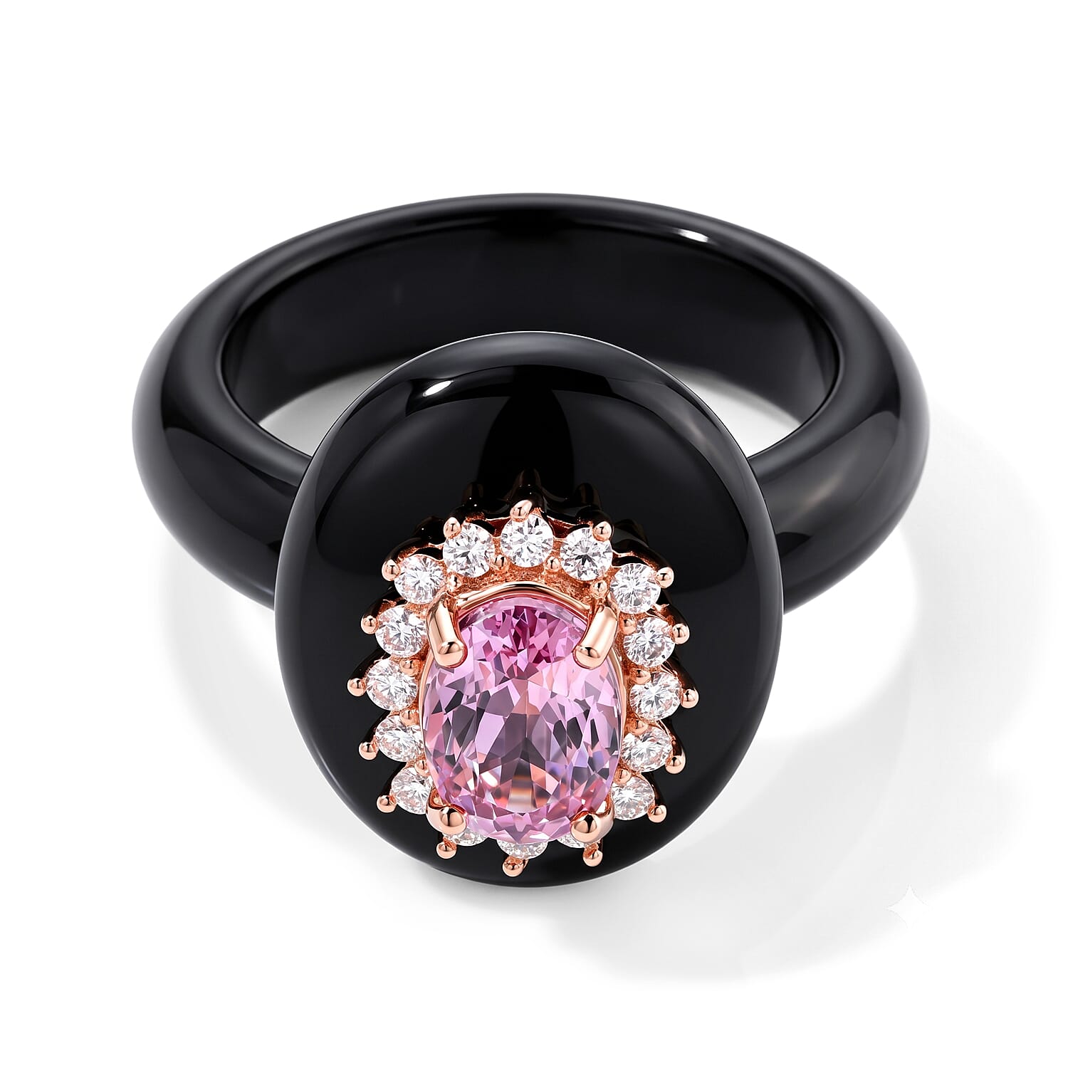 D'Joy Premium Martha Rocha Kunzite, Moissanite and Black Jade(D) 25.65 ctw Halo Ring in Vermeil Rose Gold Over Sterling Silver (Size 8.0)