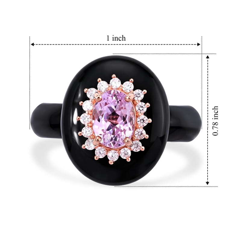 D'Joy Premium Martha Rocha Kunzite, Moissanite and Black Jade(D) 25.65 ctw Halo Ring in Vermeil Rose Gold Over Sterling Silver (Size 8.0)