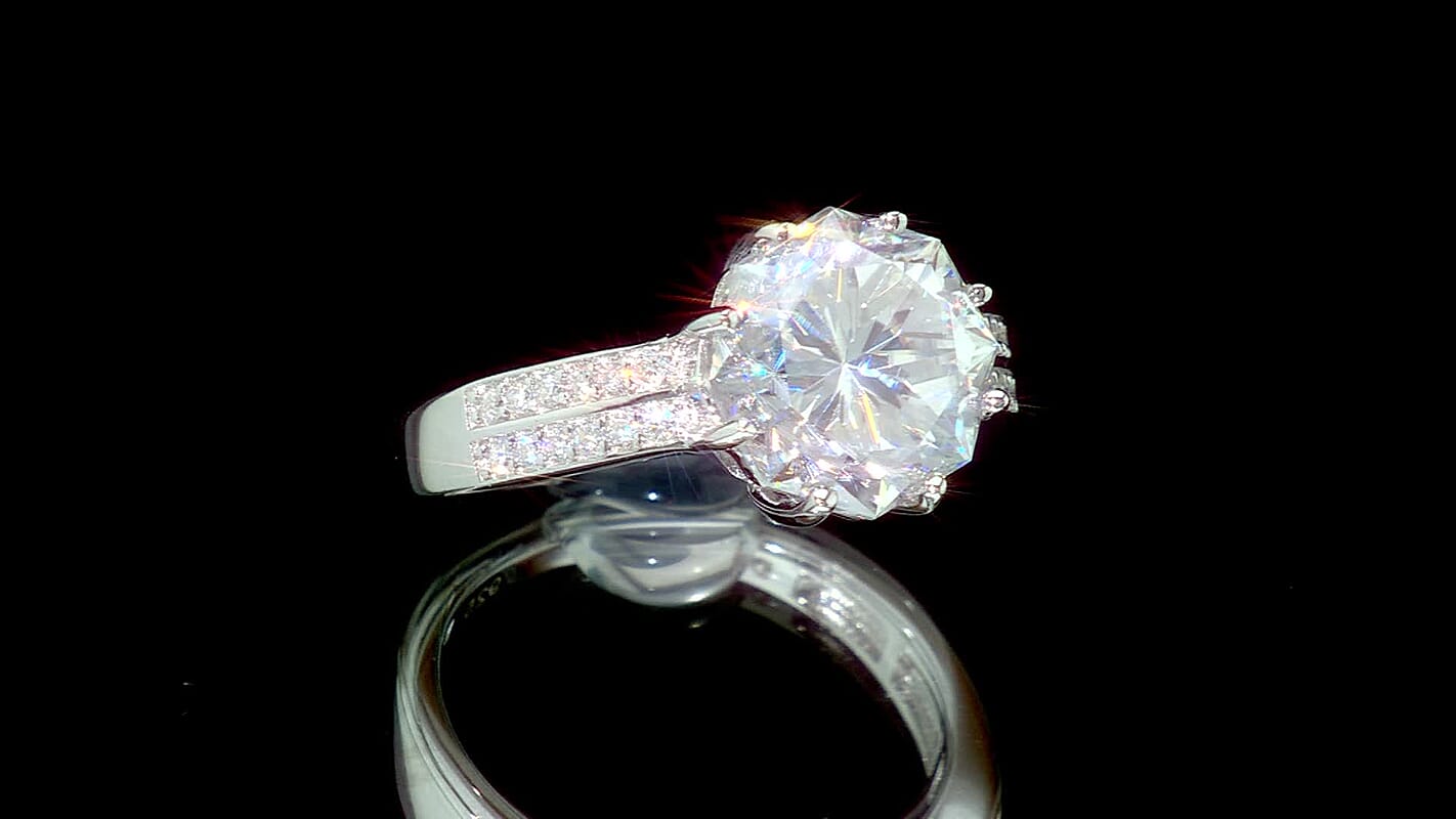 D''Joy Moissanite 4.65 ctw Ring in Rhodium Over Sterling Silver (Size 10.0)