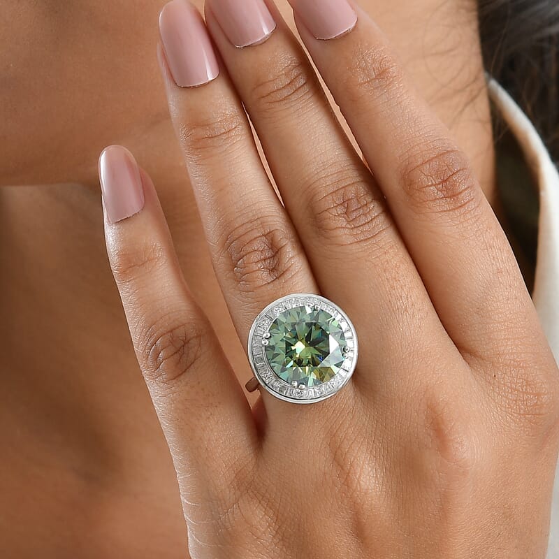 Certified and Appraised D'Joy Green and White Moissanite 10.80 ctw Ring in Rhodium Over Sterling Silver (Size 10.0)