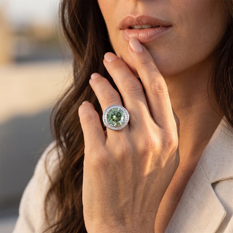 Certified and Appraised D'Joy Green and White Moissanite 10.80 ctw Ring in Rhodium Over Sterling Silver (Size 10.0)