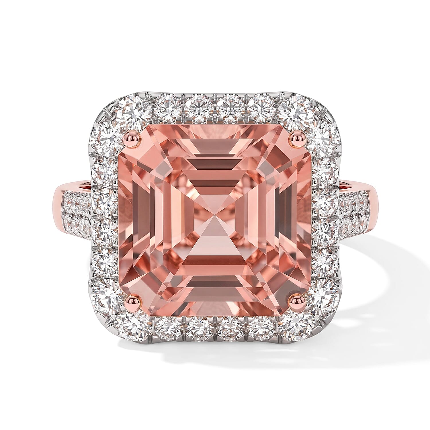 Certified and Appraised AAA Asscher Cut Marropino Morganite and Luxuriant Lab Grown Diamond G-H SI 8.60 ctw Ring in 10K Rose Gold (Size 10.0)