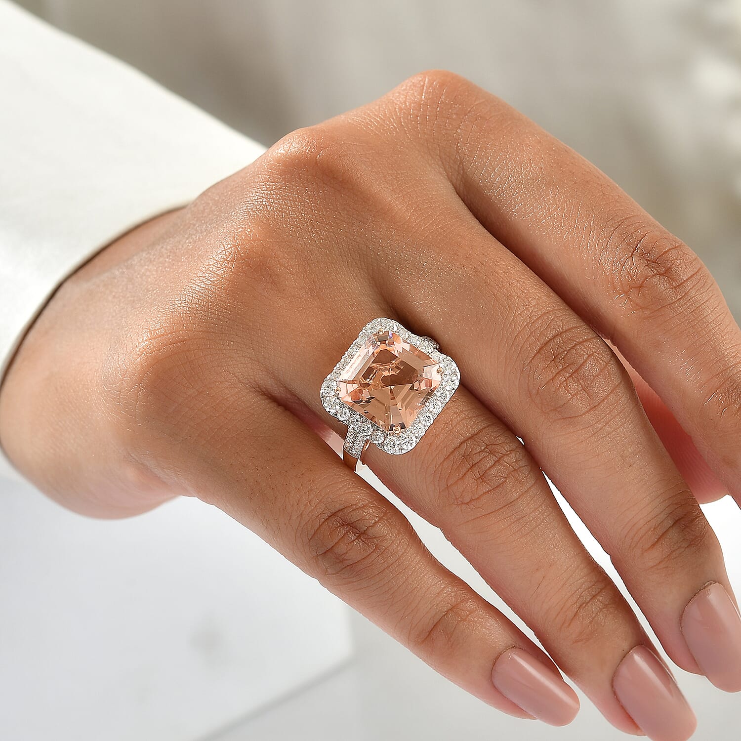 Certified and Appraised AAA Asscher Cut Marropino Morganite and Luxuriant Lab Grown Diamond G-H SI 8.60 ctw Ring in 10K Rose Gold (Size 10.0)