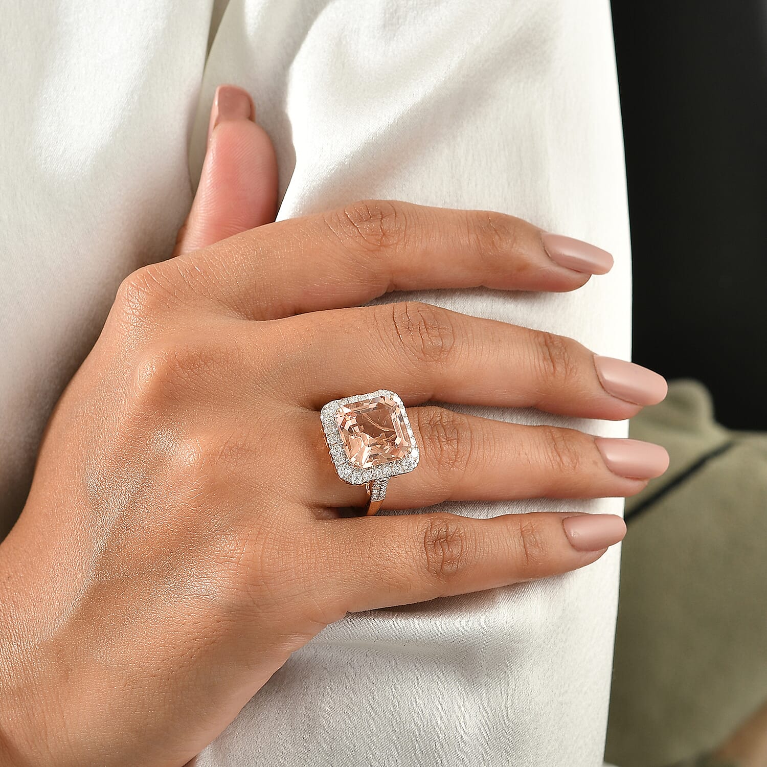 Certified and Appraised AAA Asscher Cut Marropino Morganite and Luxuriant Lab Grown Diamond G-H SI 8.60 ctw Ring in 10K Rose Gold (Size 10.0)
