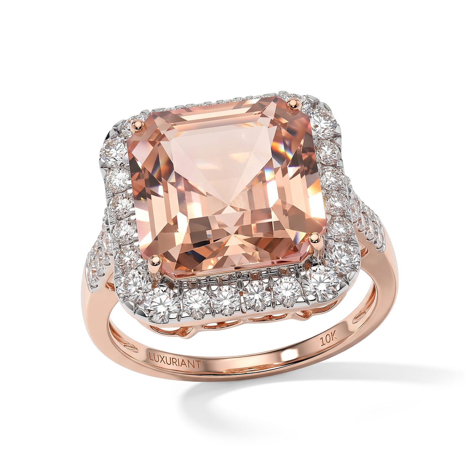 Certified and Appraised AAA Asscher Cut Marropino Morganite and Luxuriant Lab Grown Diamond G-H SI 8.60 ctw Ring in 10K Rose Gold (Size 6.0)