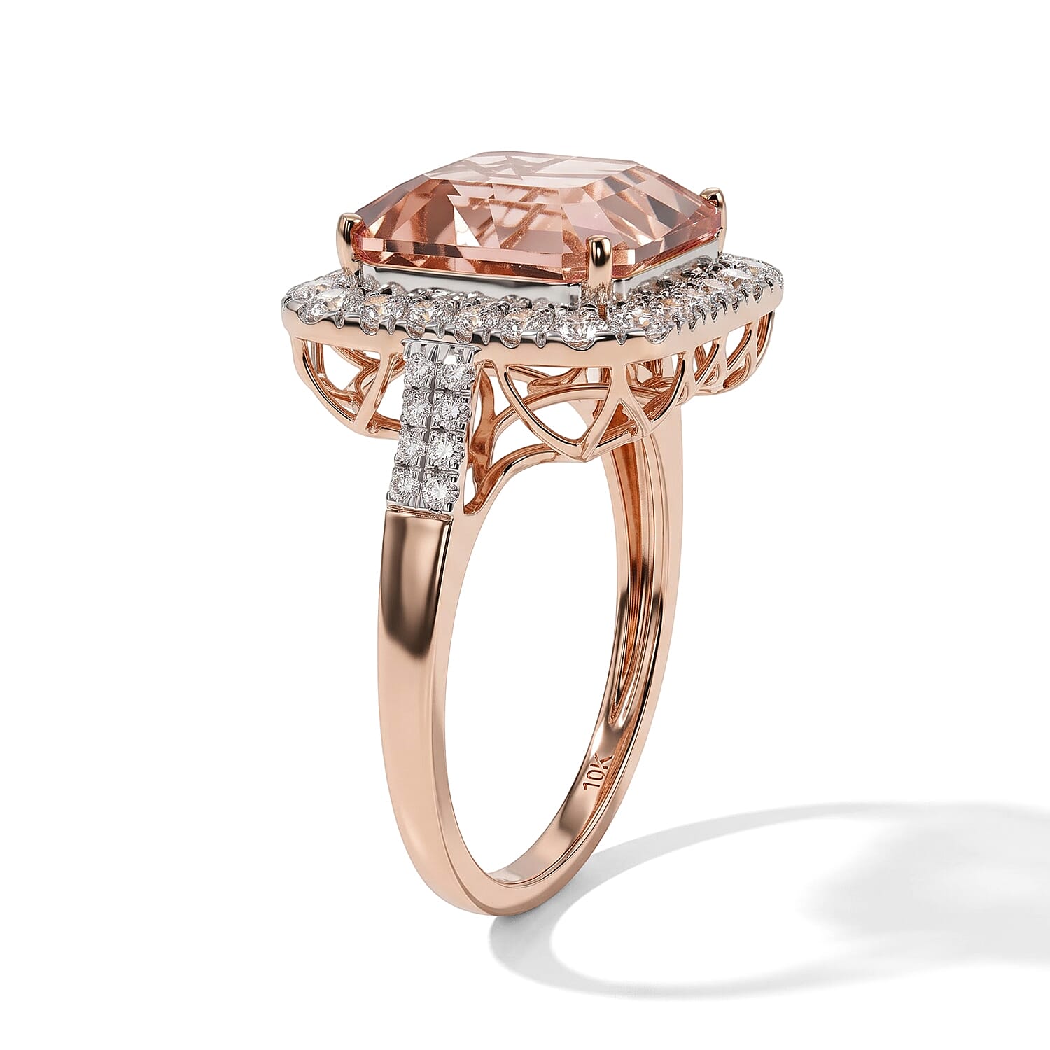 Certified and Appraised AAA Asscher Cut Marropino Morganite and Luxuriant Lab Grown Diamond G-H SI 8.60 ctw Ring in 10K Rose Gold (Size 6.0)