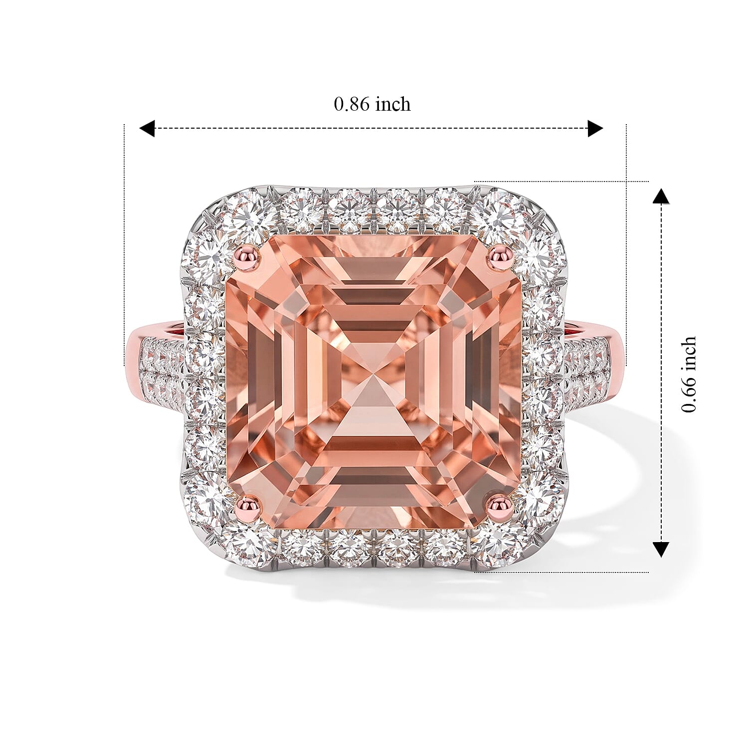 Certified and Appraised AAA Asscher Cut Marropino Morganite and Luxuriant Lab Grown Diamond G-H SI 8.60 ctw Ring in 10K Rose Gold (Size 6.0)