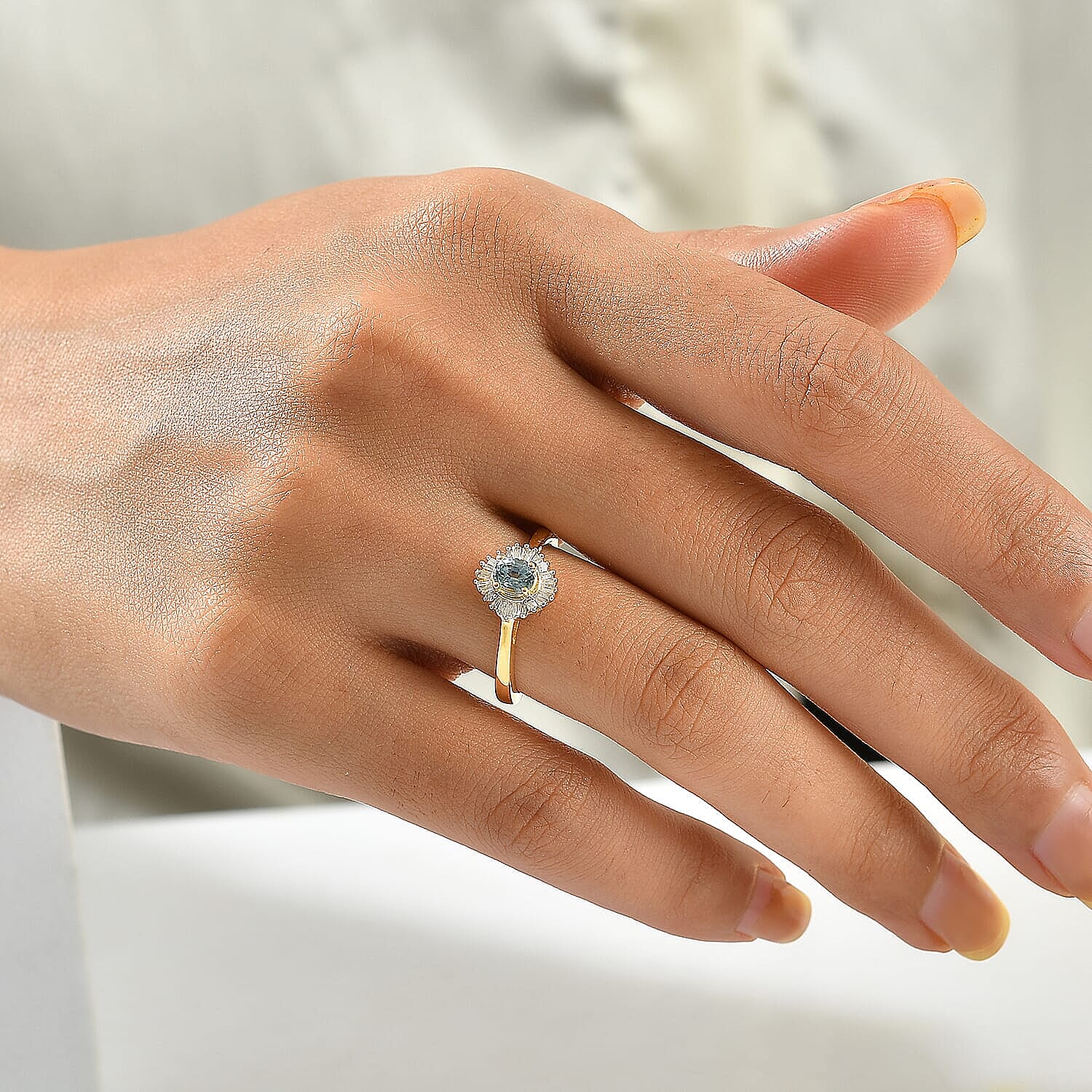 D'Joy Montana Sapphire and Diamond 0.65 ctw Summit Sunburst Ring in 18K Vermeil Yellow Gold Over Sterling Silver (Size 6.0)