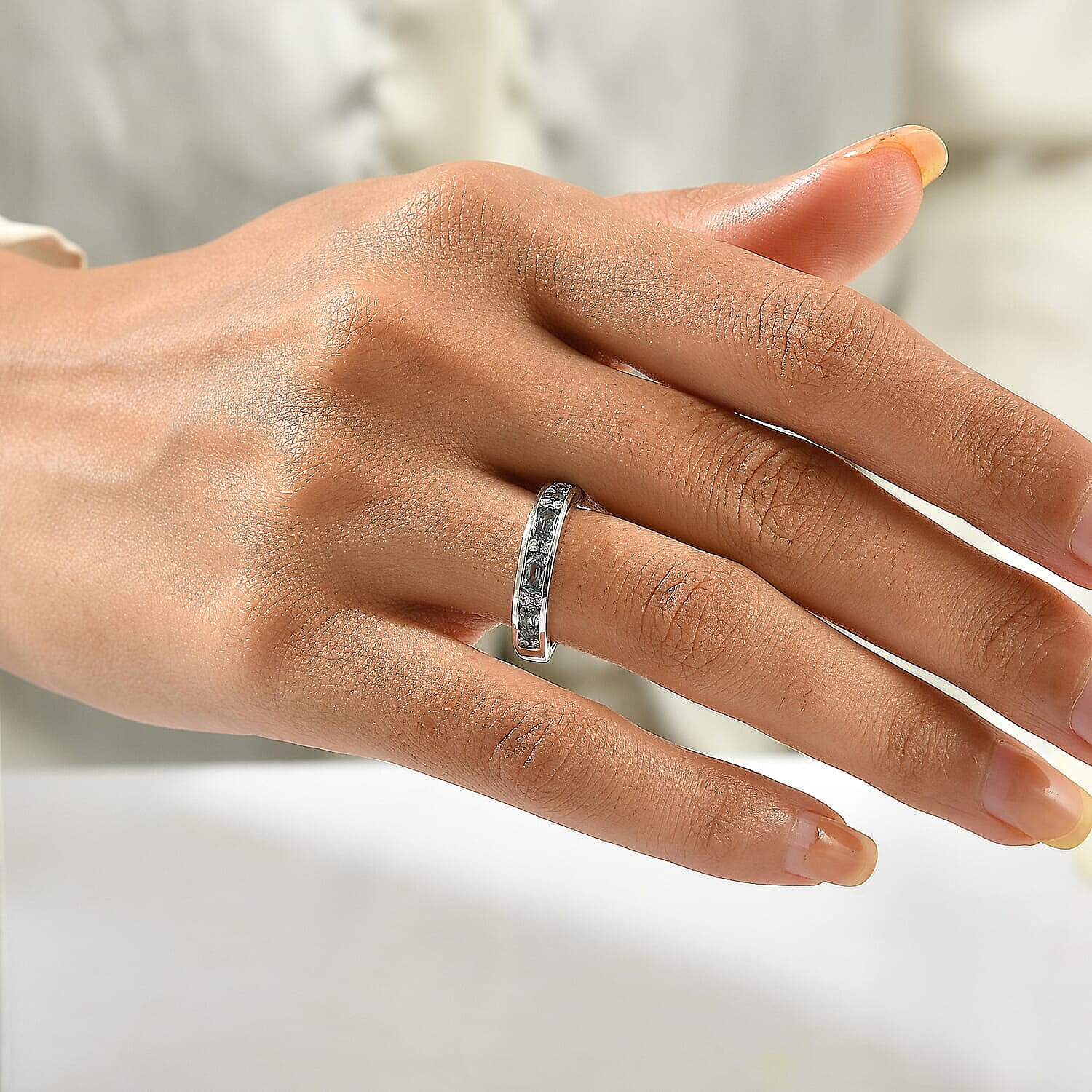 D'Joy Montana Sapphire and Moissanite 1.30 ctw Rockies Journey Ring in Rhodium Over Sterling Silver (Size 6.0)