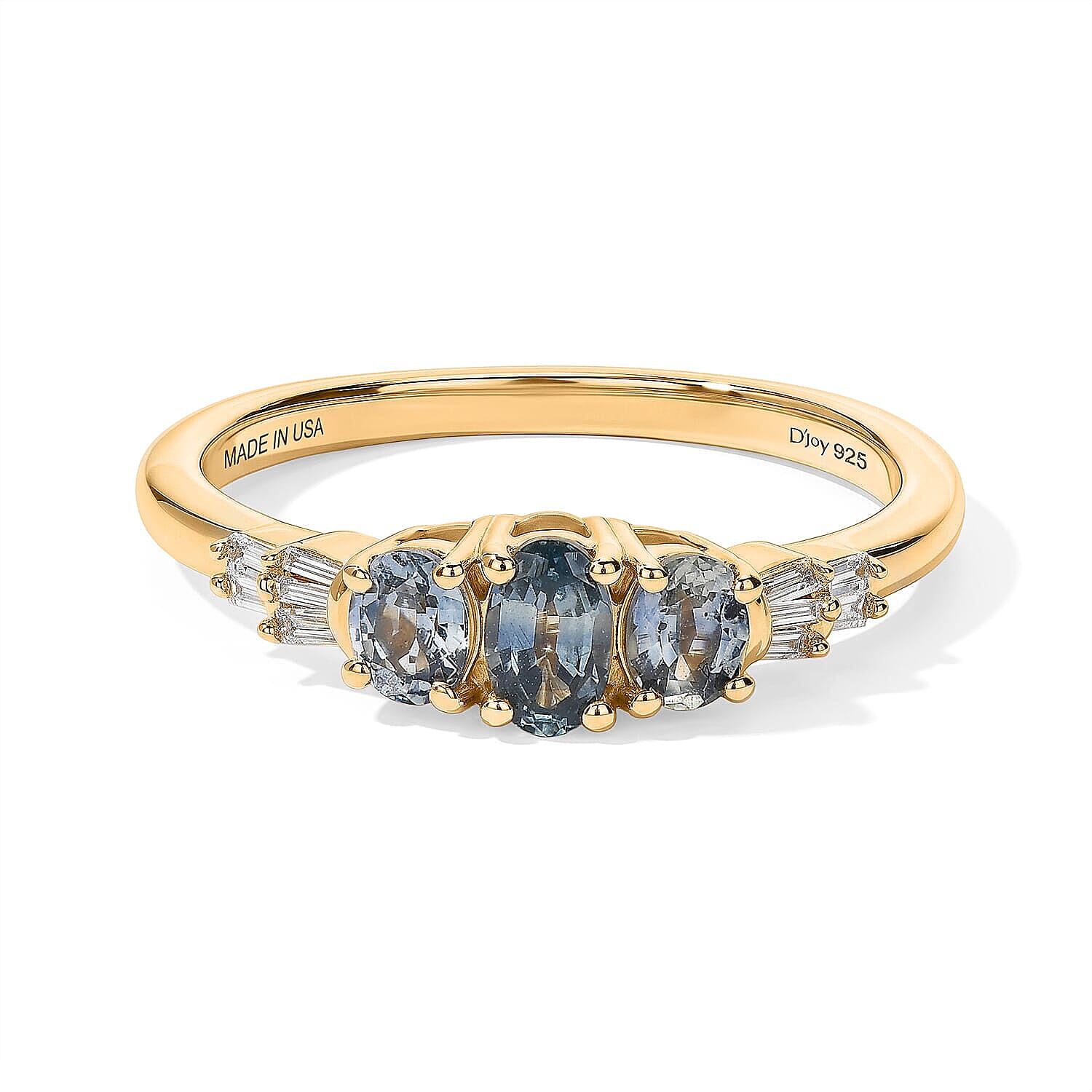 D'Joy Montana Sapphire and Diamond 0.85 ctw Alpine Trilogy Ring in 18K Vermeil Yellow Gold Over Sterling Silver (Size 5.0)