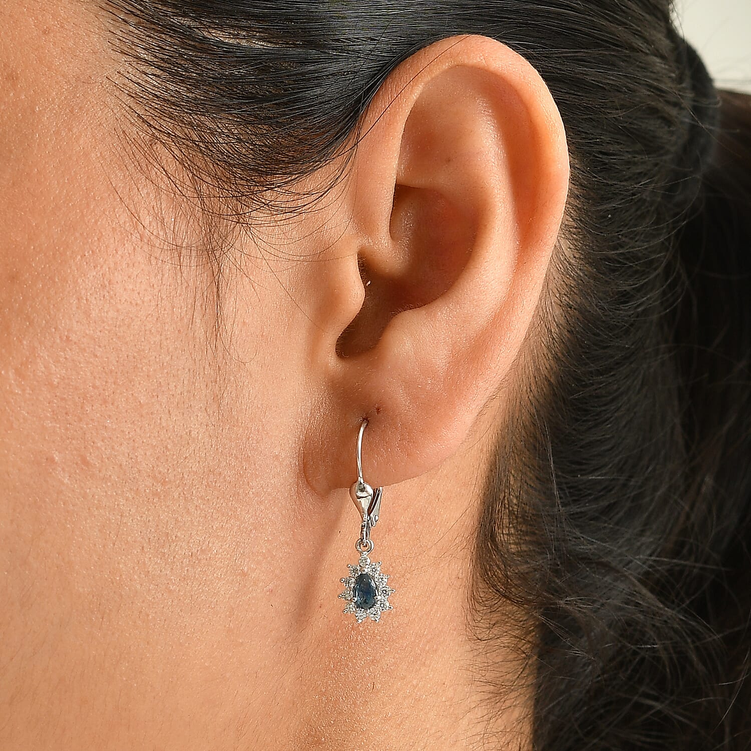 D'Joy Montana Sapphire and Moissanite 0.75 ctw Mountain Mist Earrings in Rhodium Over Sterling Silver
