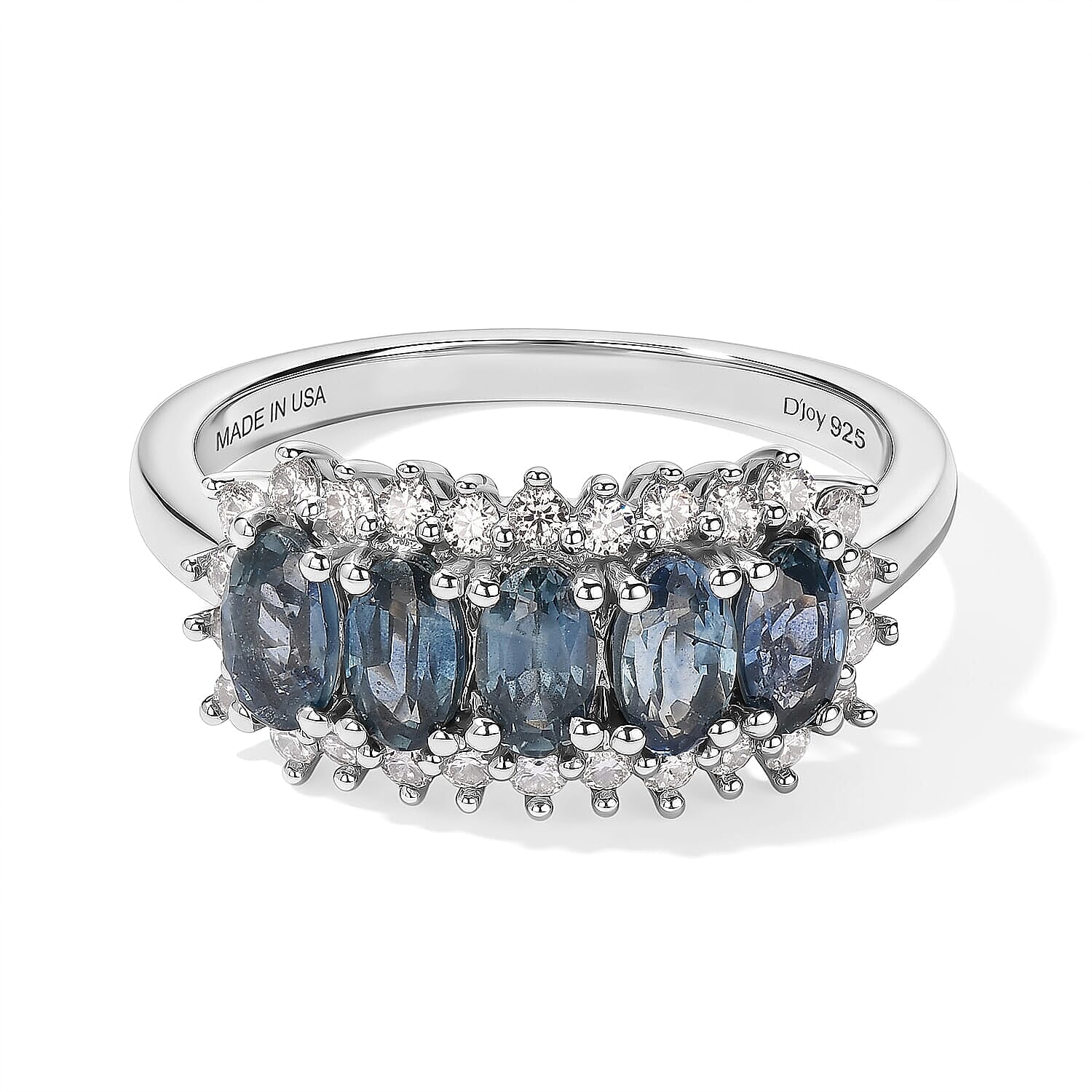 D'Joy Montana Sapphire and Moissanite 1.90 ctw Rockies Panorama Ring in Rhodium Over Sterling Silver (Size 6.0)