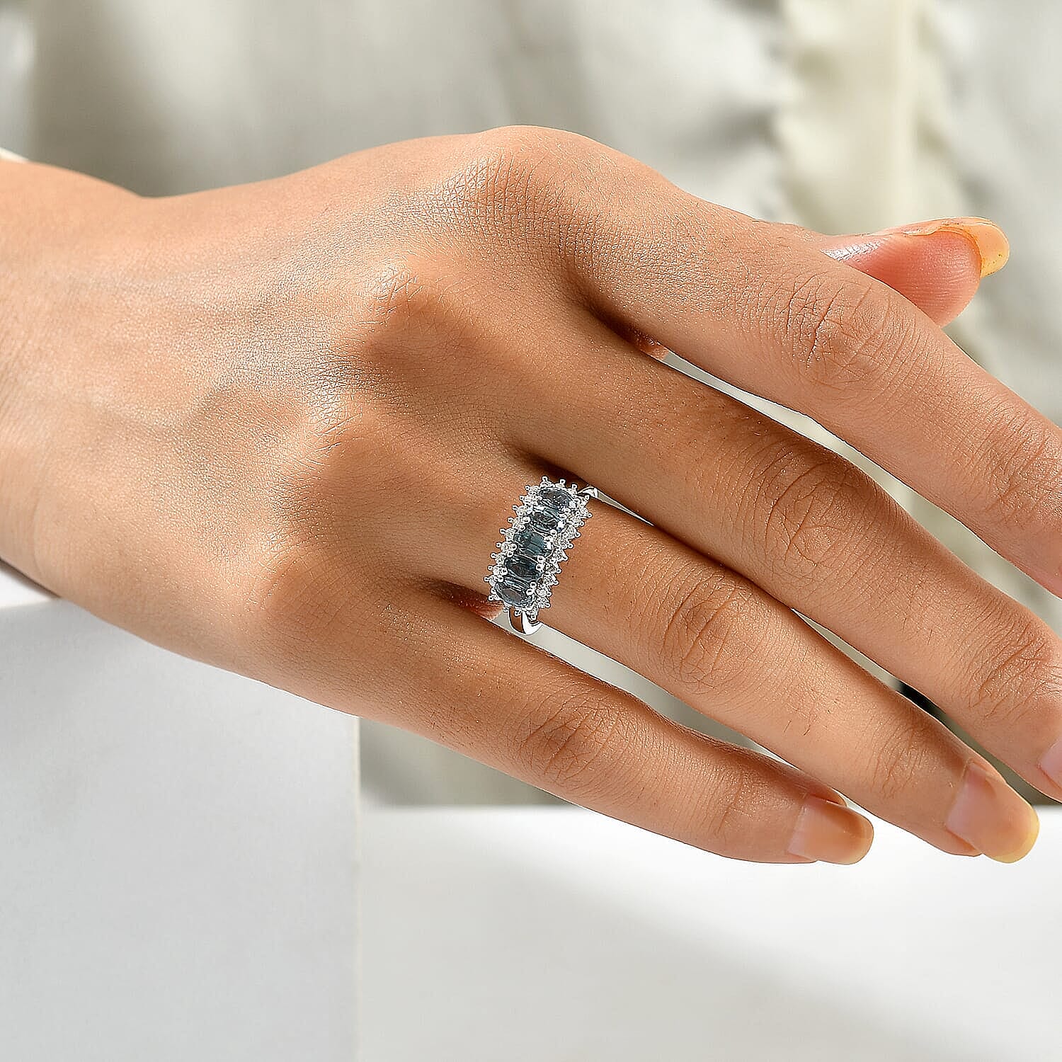 D'Joy Montana Sapphire and Moissanite 1.90 ctw Rockies Panorama Ring in Rhodium Over Sterling Silver (Size 6.0)