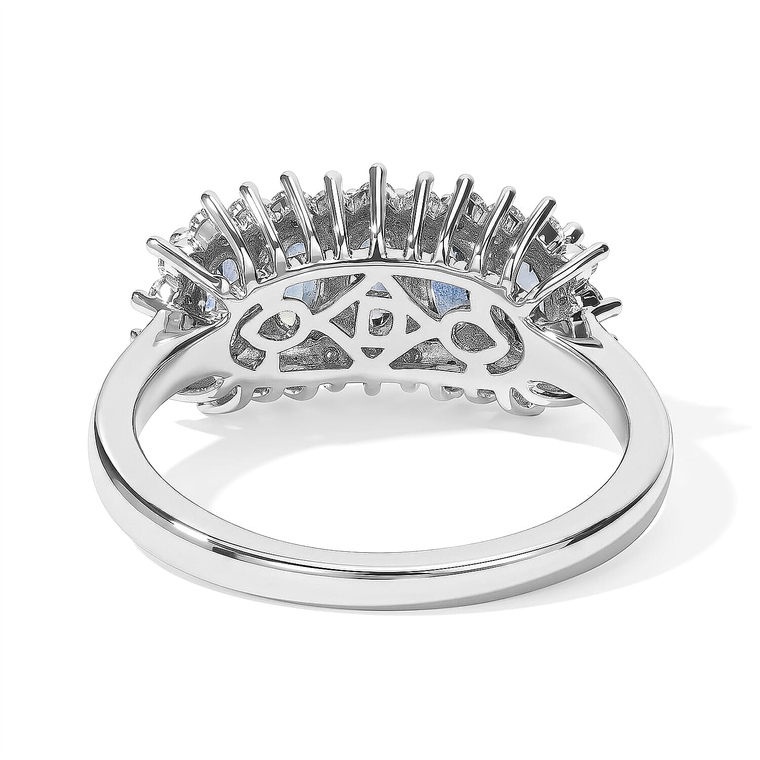 D'Joy Montana Sapphire and Moissanite 1.90 ctw Rockies Panorama Ring in Rhodium Over Sterling Silver (Size 6.0)