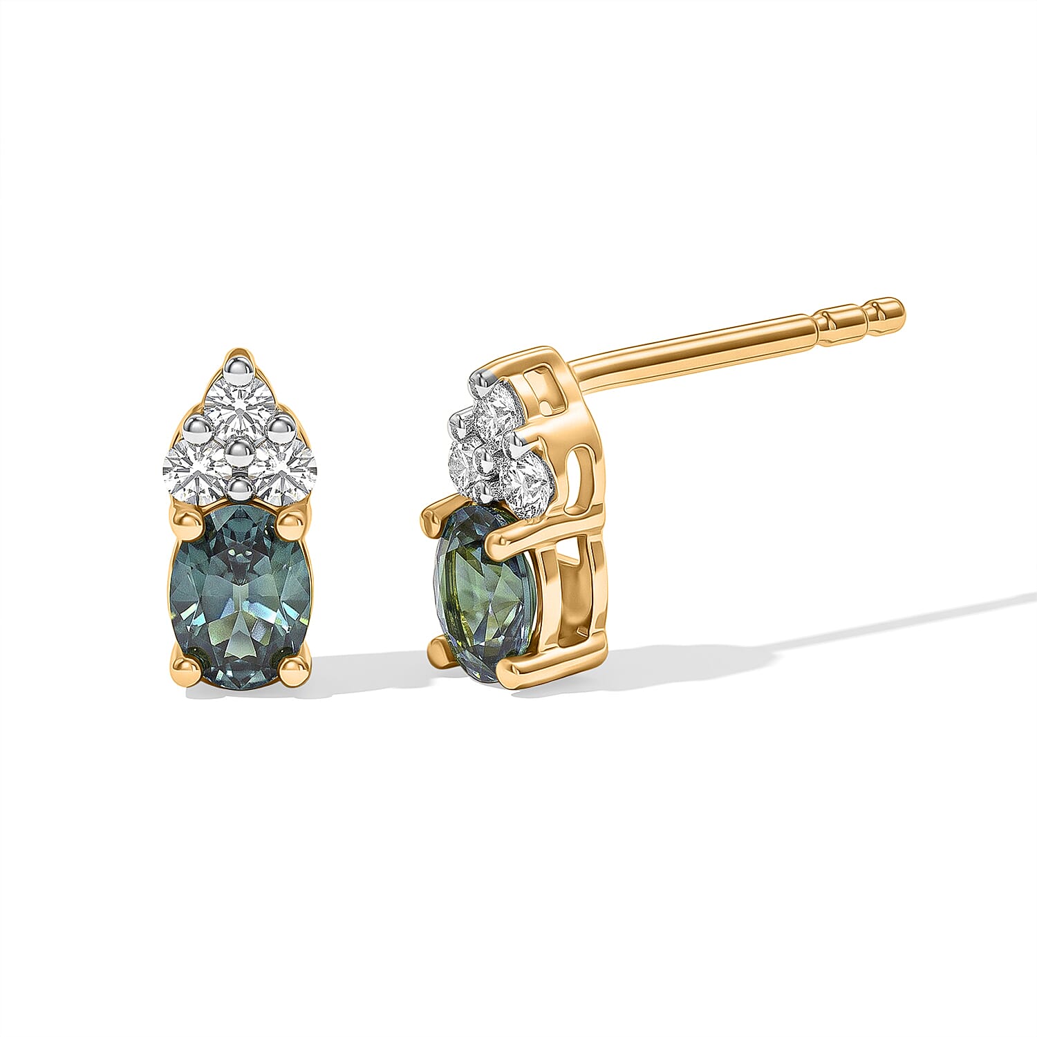 D'Joy Montana Sapphire and Moissanite 0.60 ctw Summit Crown Studs Earrings in 18K Vermeil Yellow Gold Over Sterling Silver