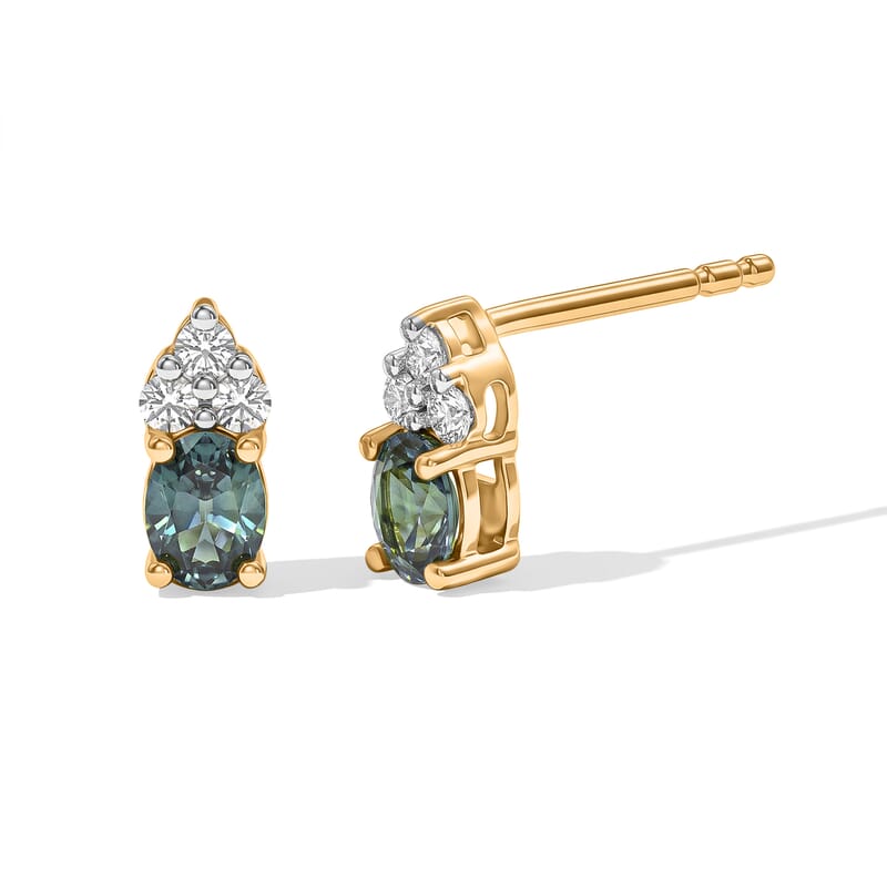 D'Joy Montana Sapphire and Moissanite 0.60 ctw Summit Crown Studs Earrings in 18K Vermeil Yellow Gold Over Sterling Silver