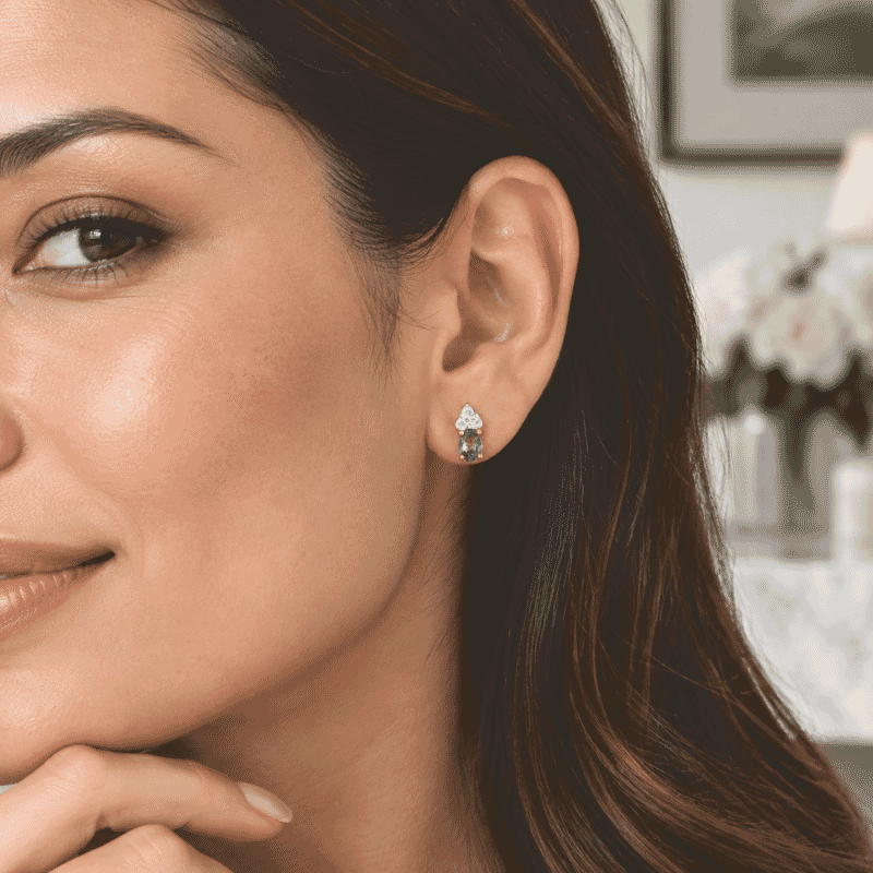 D'Joy Montana Sapphire and Moissanite 0.60 ctw Summit Crown Studs Earrings in 18K Vermeil Yellow Gold Over Sterling Silver