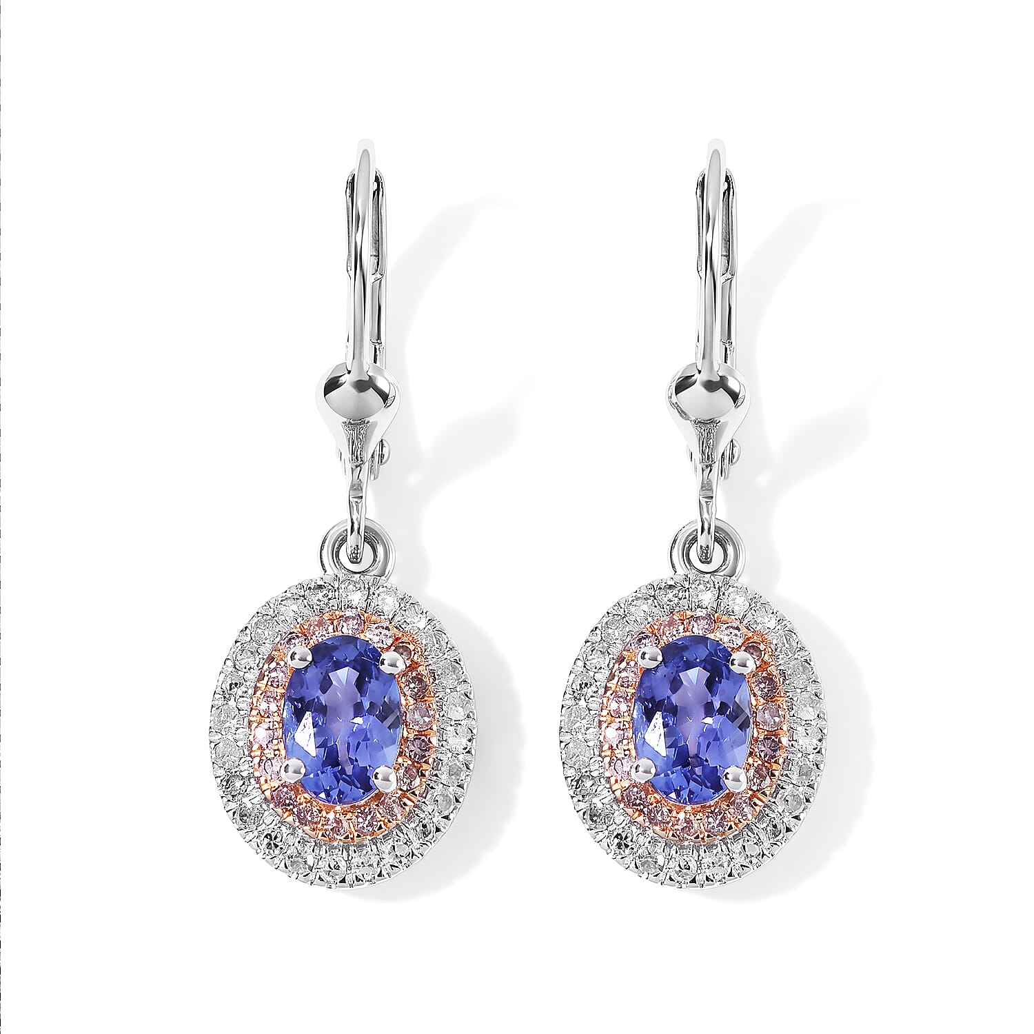 Doorbuster D'Joy Premium Tanzanite, Natural Pink and White Diamond I3 1.70 ctw Earrings in Rhodium Over Sterling Silver