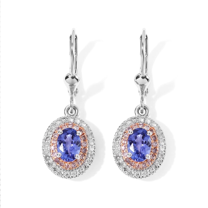 Doorbuster D'Joy Premium Tanzanite, Natural Pink and White Diamond I3 1.70 ctw Earrings in Rhodium Over Sterling Silver