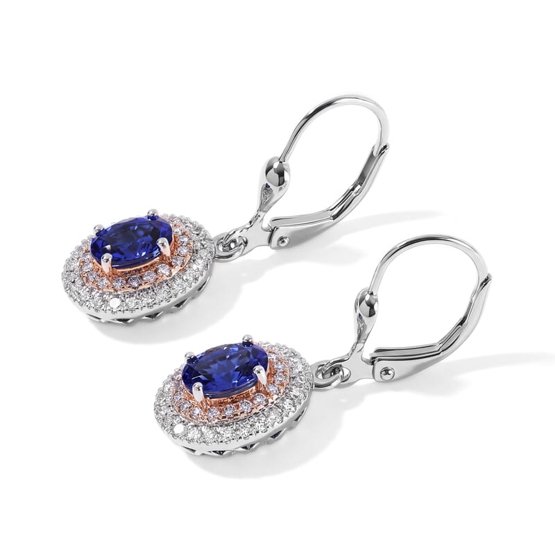 Doorbuster D'Joy Premium Tanzanite, Natural Pink and White Diamond I3 1.70 ctw Earrings in Rhodium Over Sterling Silver