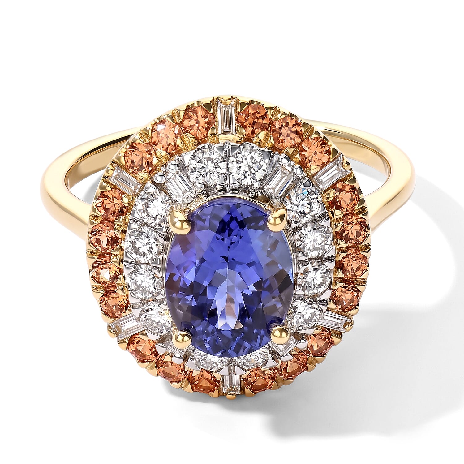 Certified & Appraised AAA Tanzanite and Padparadscha Sapphire (BT), Luxuriant Lab Grown Diamond G-H SI 3.25 ctw Ring in 10K Yellow Gold (Size 5.0)