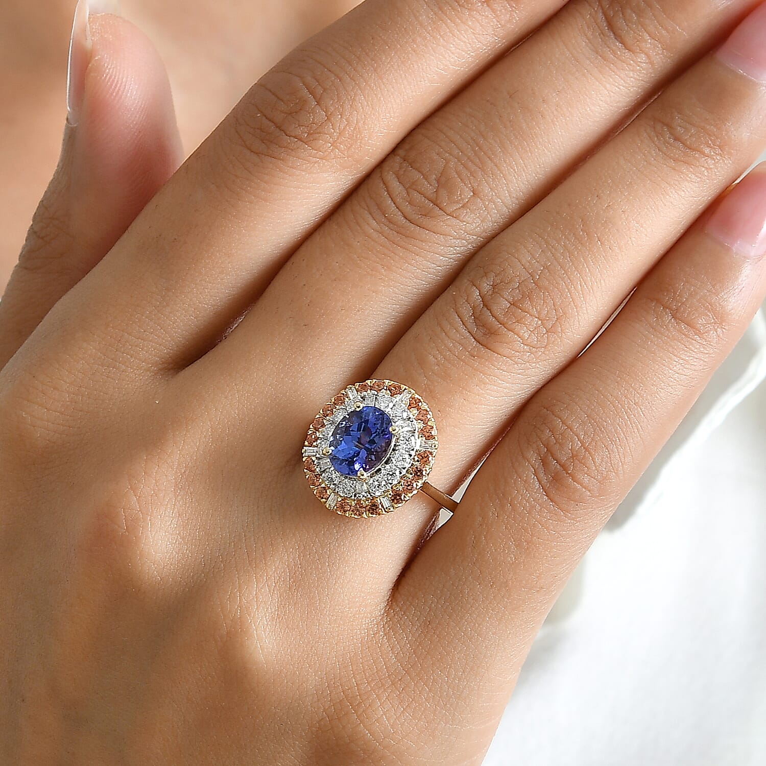 Certified & Appraised AAA Tanzanite and Padparadscha Sapphire (BT), Luxuriant Lab Grown Diamond G-H SI 3.25 ctw Ring in 10K Yellow Gold (Size 5.0)