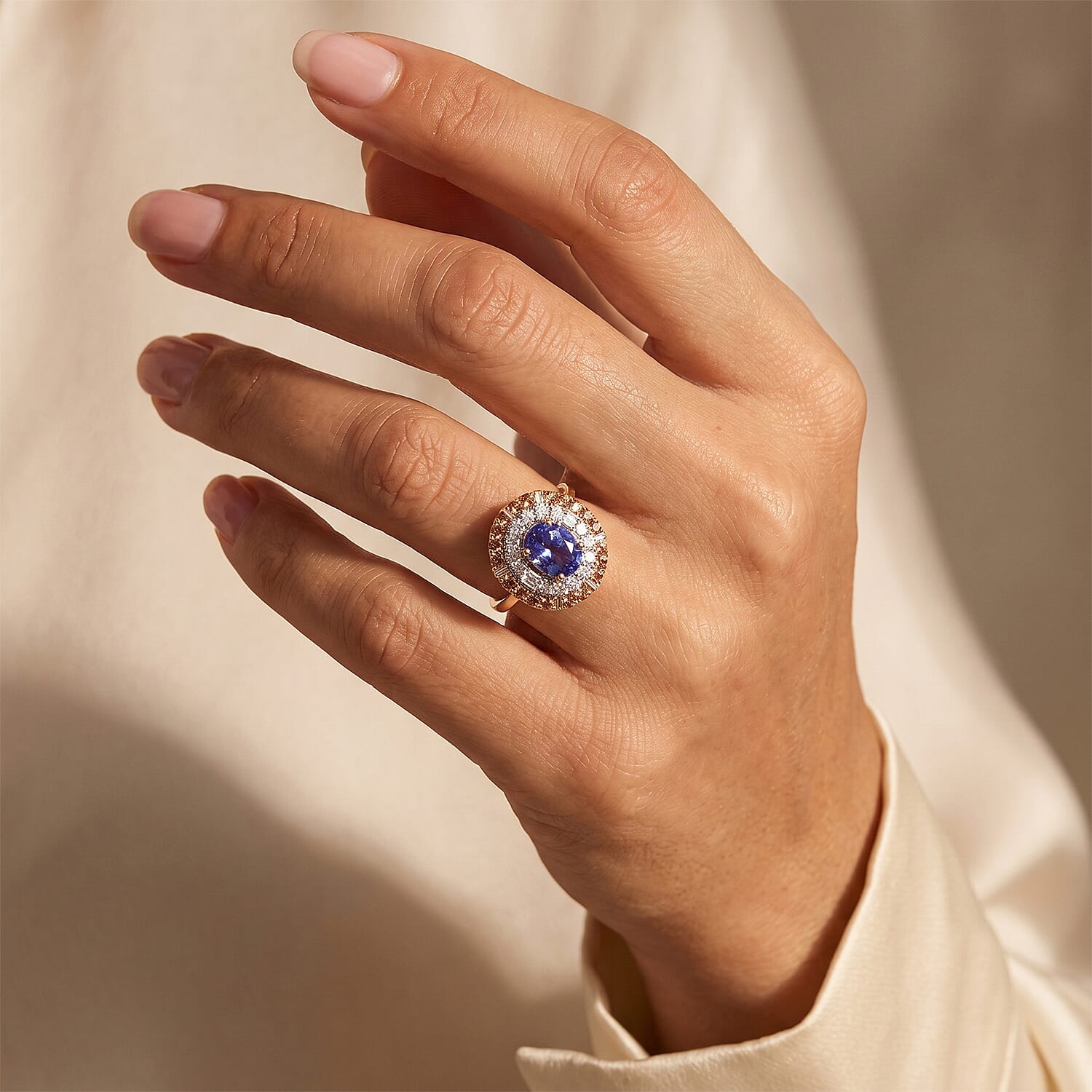 Certified & Appraised AAA Tanzanite and Padparadscha Sapphire (BT), Luxuriant Lab Grown Diamond G-H SI 3.25 ctw Ring in 10K Yellow Gold (Size 5.0)