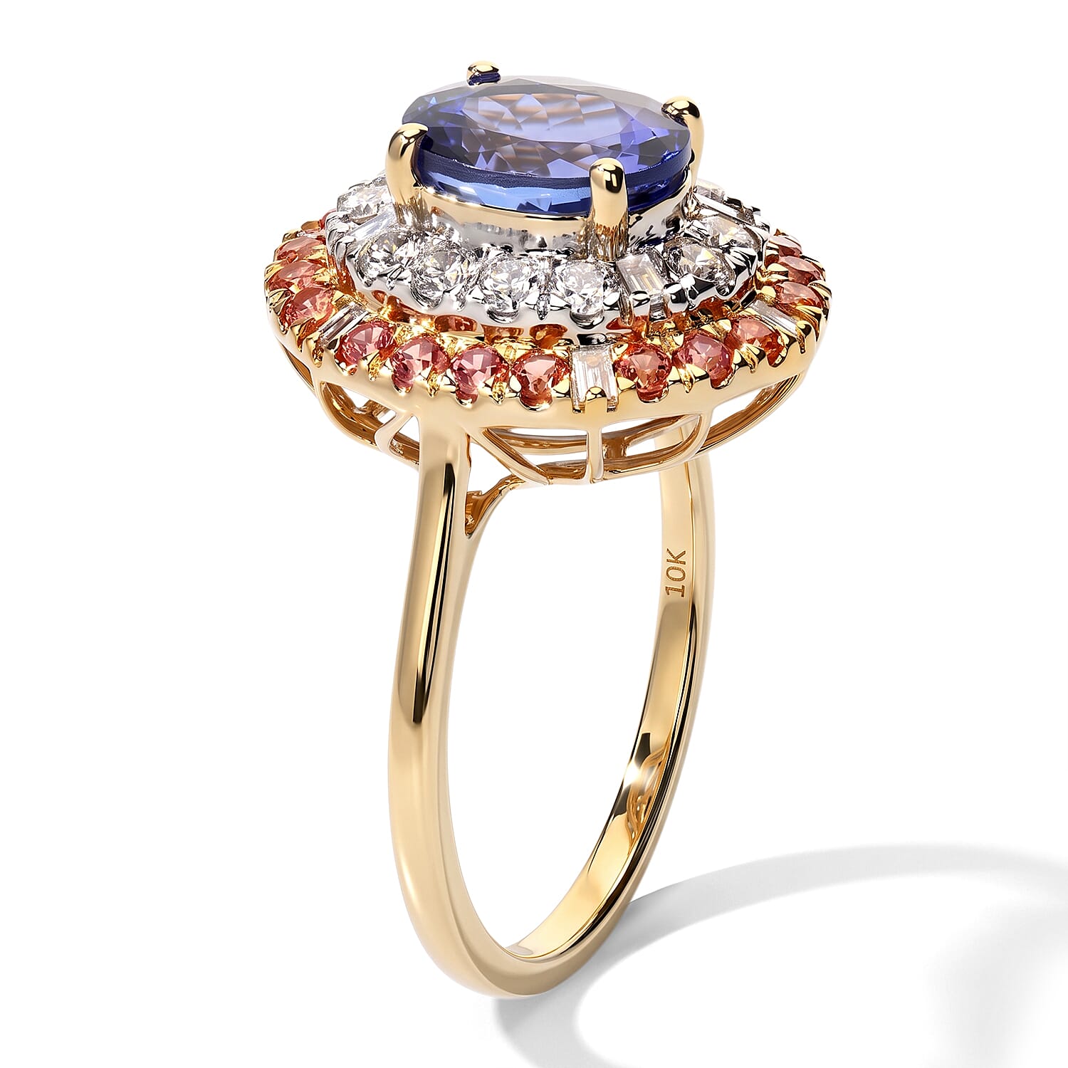Certified & Appraised AAA Tanzanite and Padparadscha Sapphire (BT), Luxuriant Lab Grown Diamond G-H SI 3.25 ctw Ring in 10K Yellow Gold (Size 5.0)