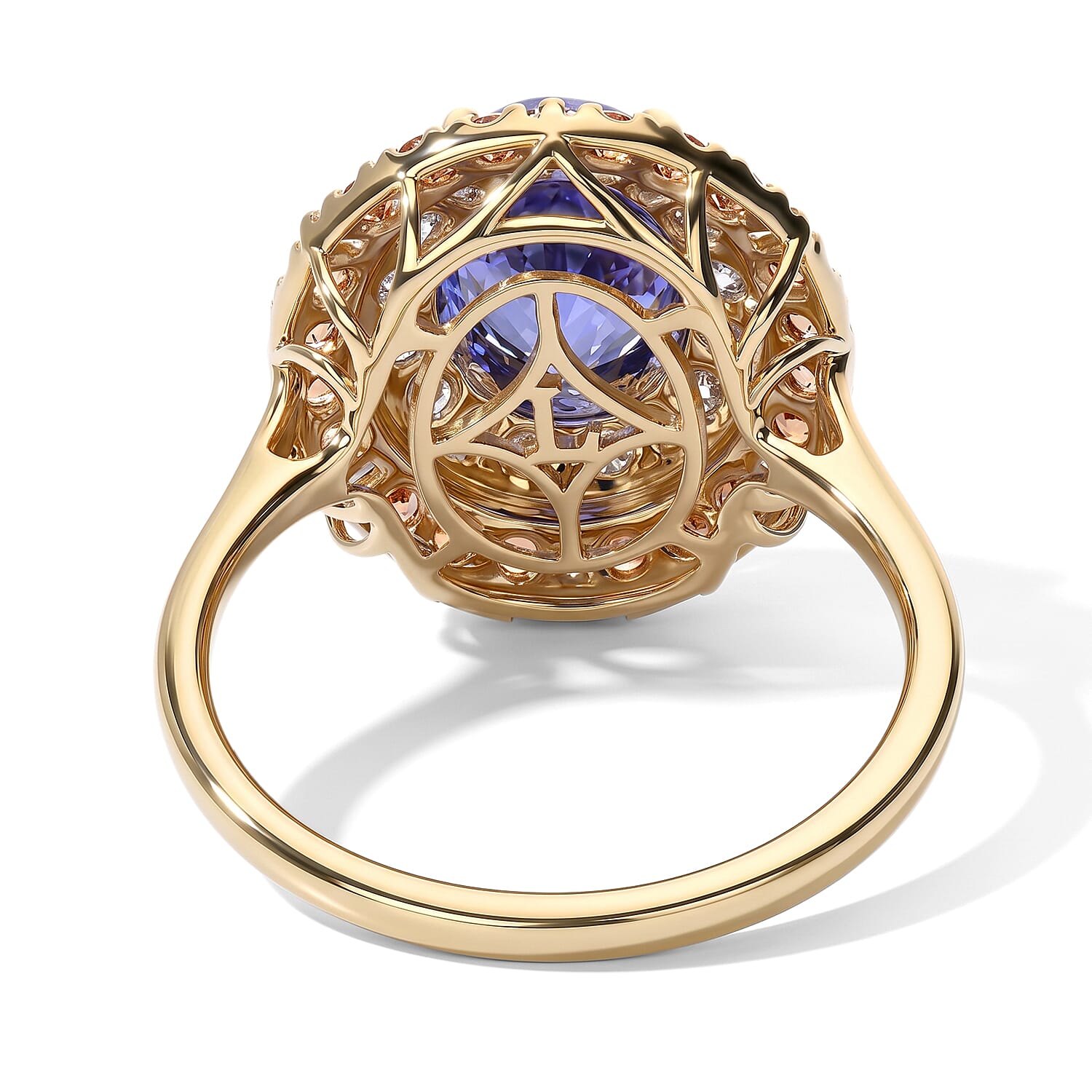 Certified & Appraised AAA Tanzanite and Padparadscha Sapphire (BT), Luxuriant Lab Grown Diamond G-H SI 3.25 ctw Ring in 10K Yellow Gold (Size 5.0)