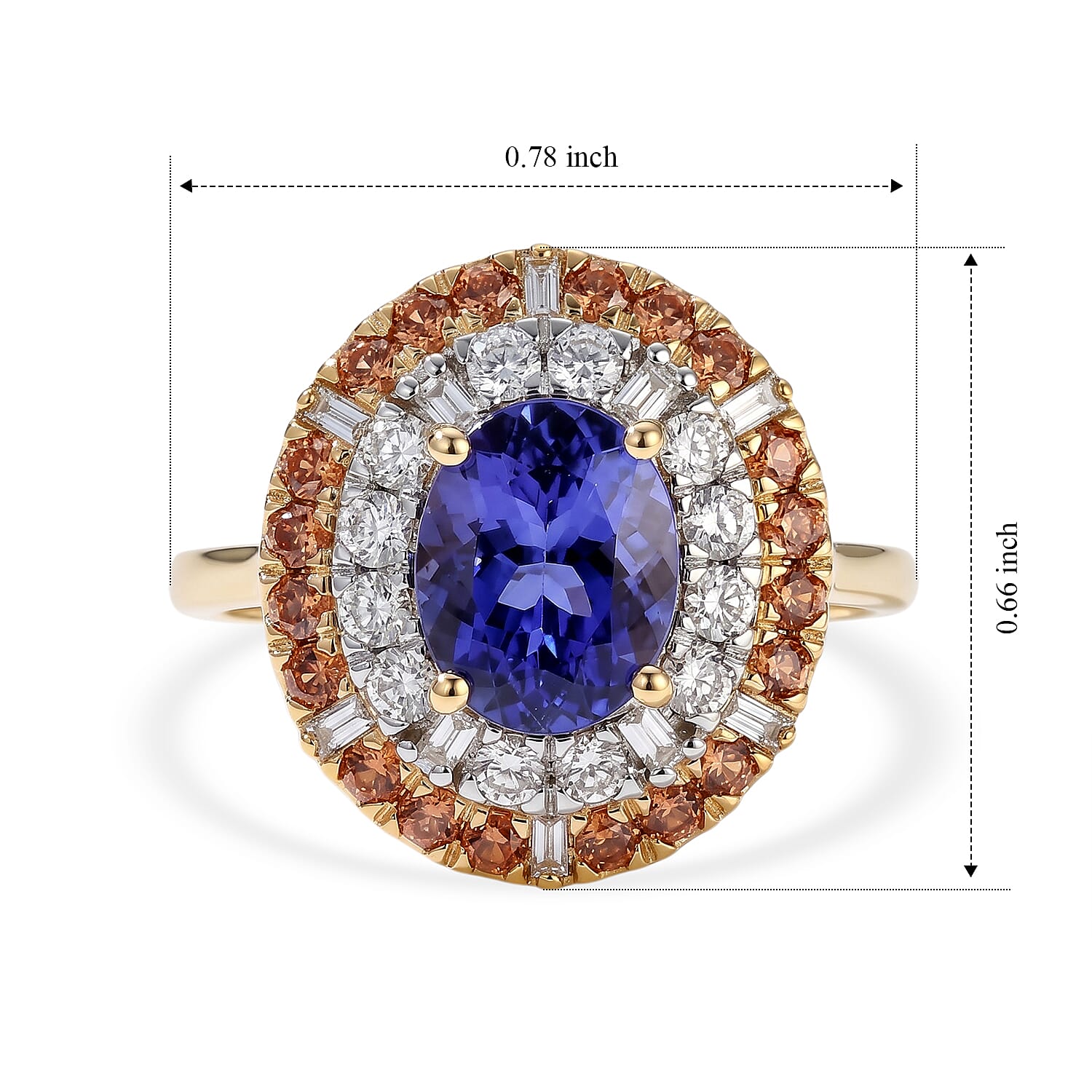 Certified & Appraised AAA Tanzanite and Padparadscha Sapphire (BT), Luxuriant Lab Grown Diamond G-H SI 3.25 ctw Ring in 10K Yellow Gold (Size 5.0)
