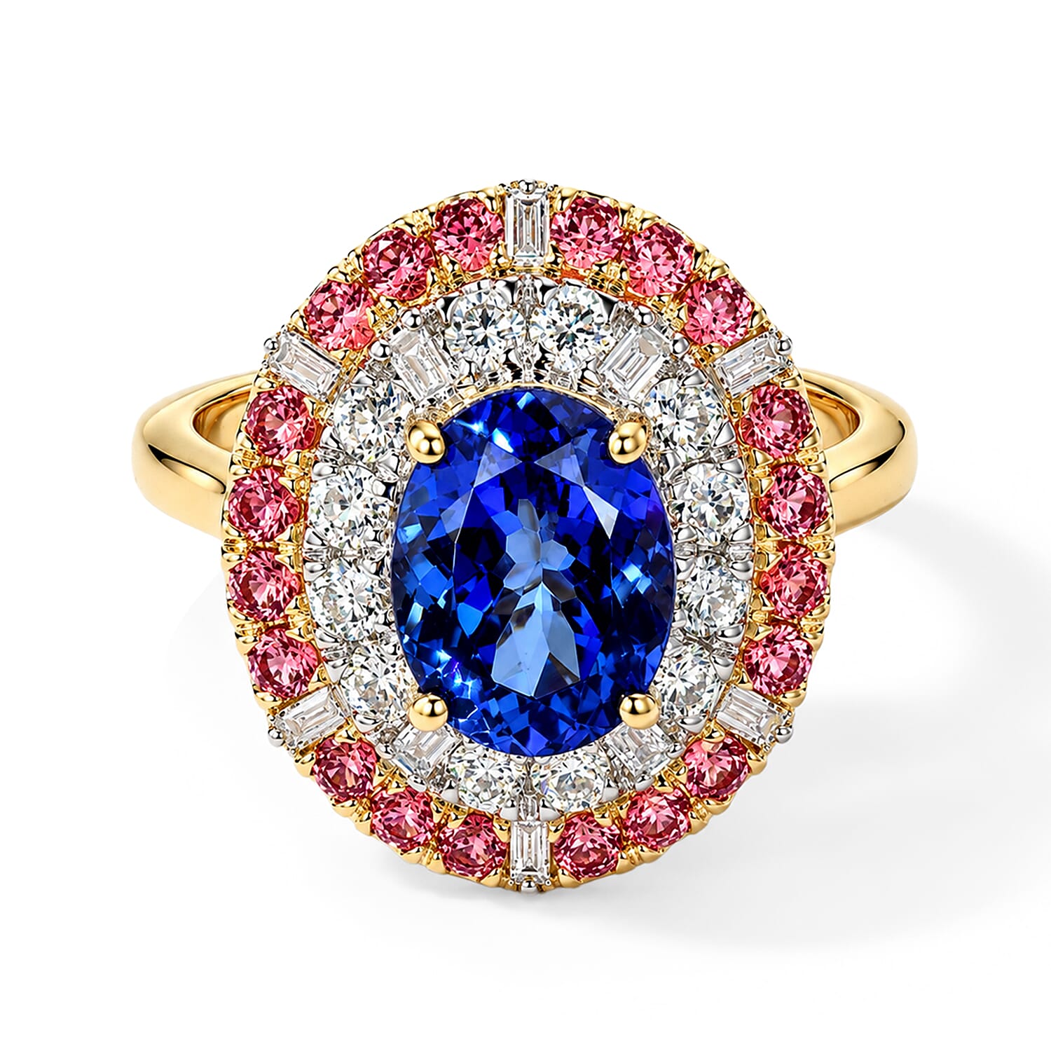 Certified & Appraised AAA Tanzanite and Padparadscha Sapphire (BT), Luxuriant Lab Grown Diamond G-H SI 3.25 ctw Ring in 10K Yellow Gold (Size 7.0)