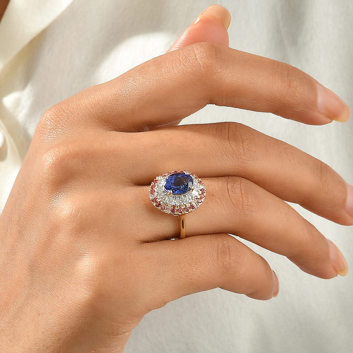 Certified & Appraised AAA Tanzanite and Padparadscha Sapphire (BT), Luxuriant Lab Grown Diamond G-H SI 3.25 ctw Ring in 10K Yellow Gold (Size 7.0)