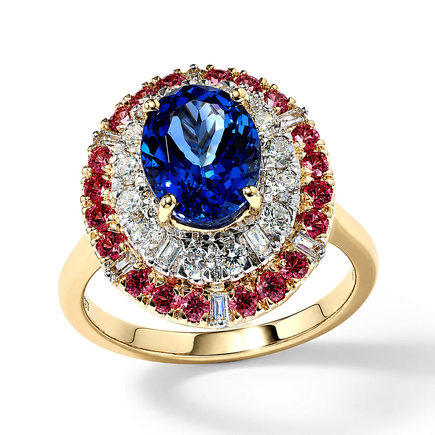 Certified & Appraised AAA Tanzanite and Padparadscha Sapphire (BT), Luxuriant Lab Grown Diamond G-H SI 3.25 ctw Ring in 10K Yellow Gold (Size 7.0)
