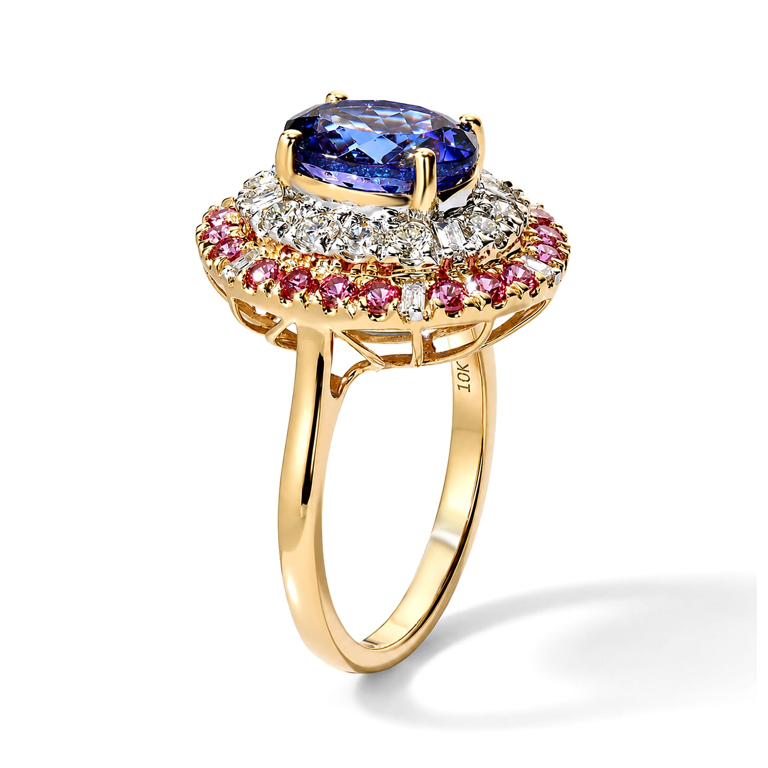 Certified & Appraised AAA Tanzanite and Padparadscha Sapphire (BT), Luxuriant Lab Grown Diamond G-H SI 3.25 ctw Ring in 10K Yellow Gold (Size 7.0)