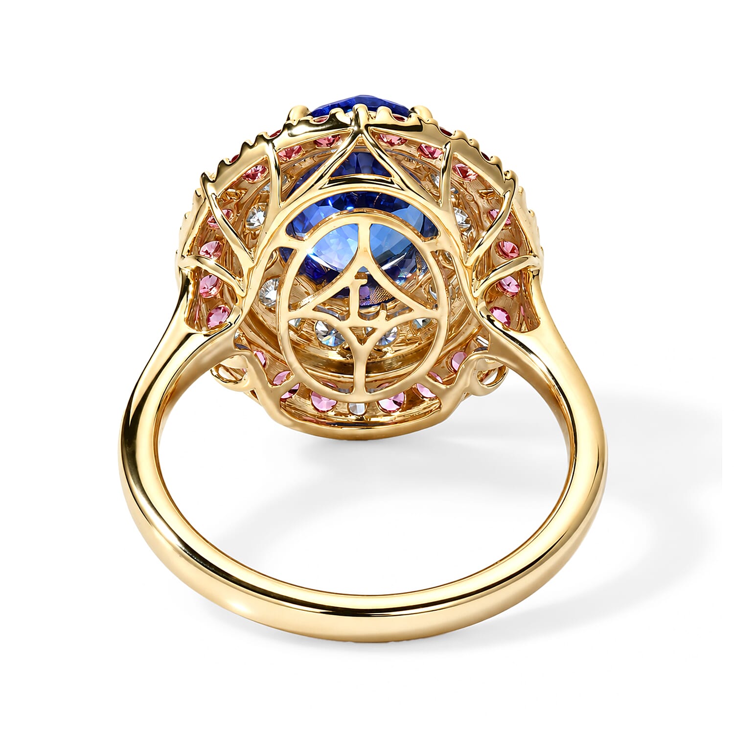 Certified & Appraised AAA Tanzanite and Padparadscha Sapphire (BT), Luxuriant Lab Grown Diamond G-H SI 3.25 ctw Ring in 10K Yellow Gold (Size 7.0)
