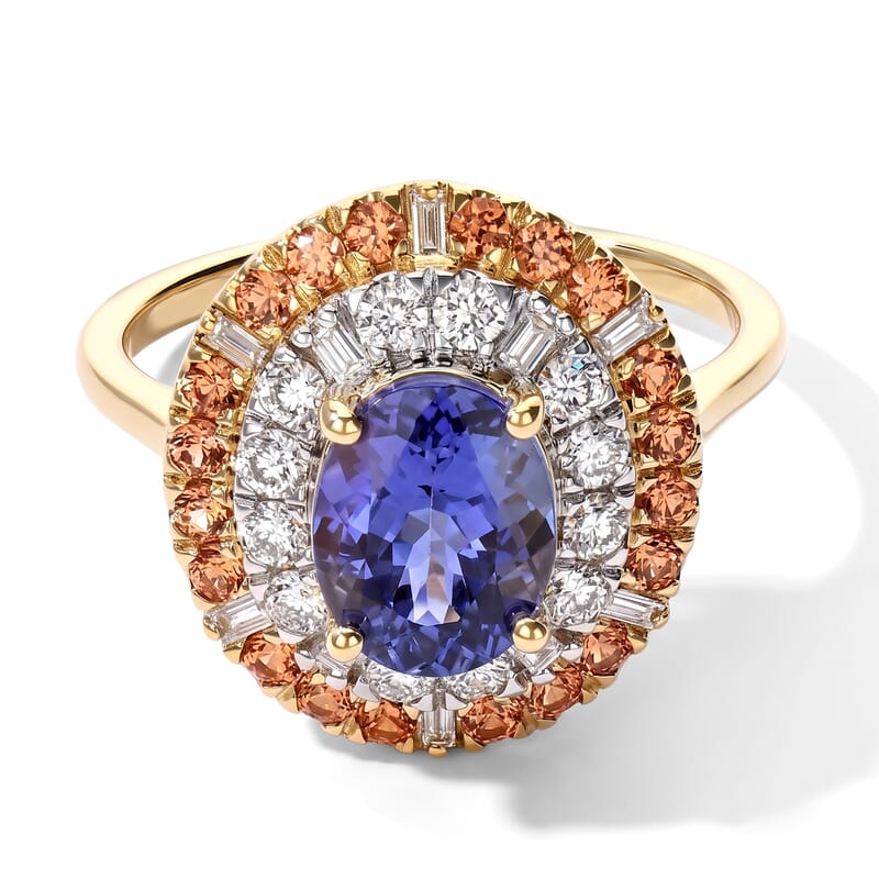 Certified & Appraised AAA Tanzanite and Padparadscha Sapphire (BT), Luxuriant Lab Grown Diamond G-H SI 3.25 ctw Ring in 10K Yellow Gold (Size 8.0)