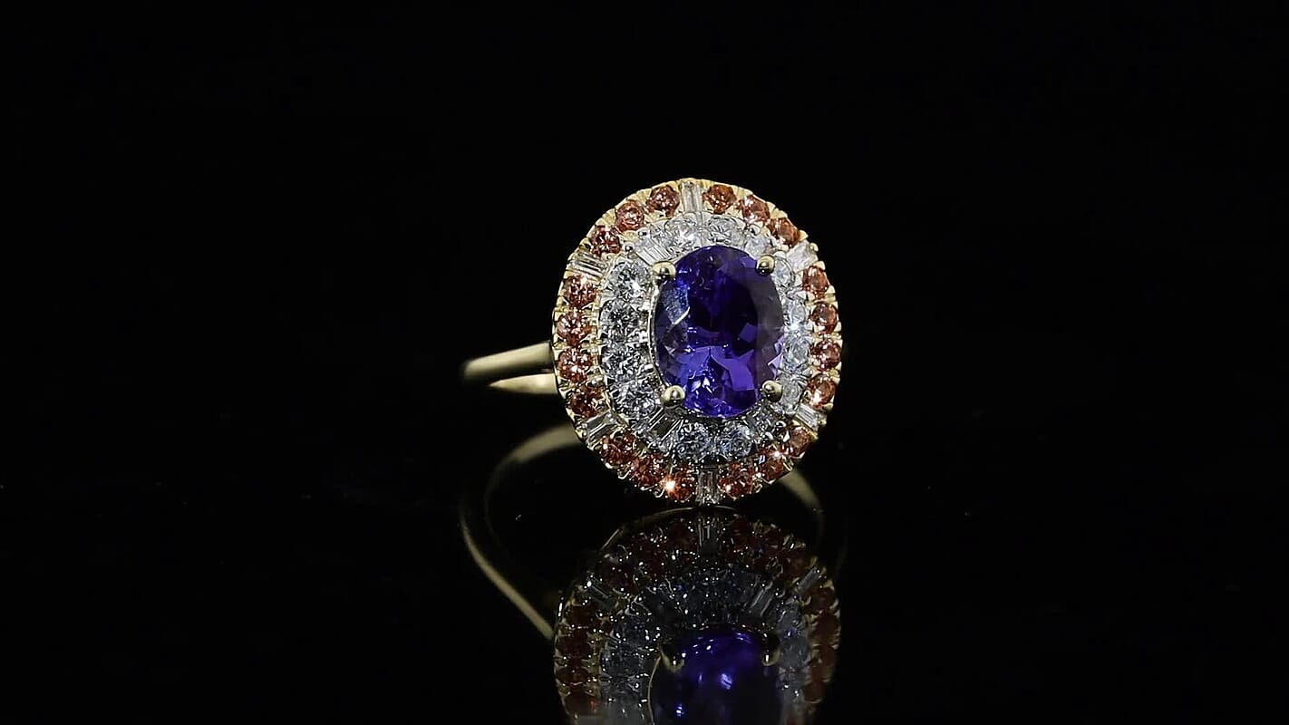 Luxuriant 10K Yellow Gold AAA Tanzanite , Padparadscha Sapphire , Lab Grown Diamond GH, SI Main Stone With Surrounding Stone Ring , Gold Wt. 3 g 3.49 ctw