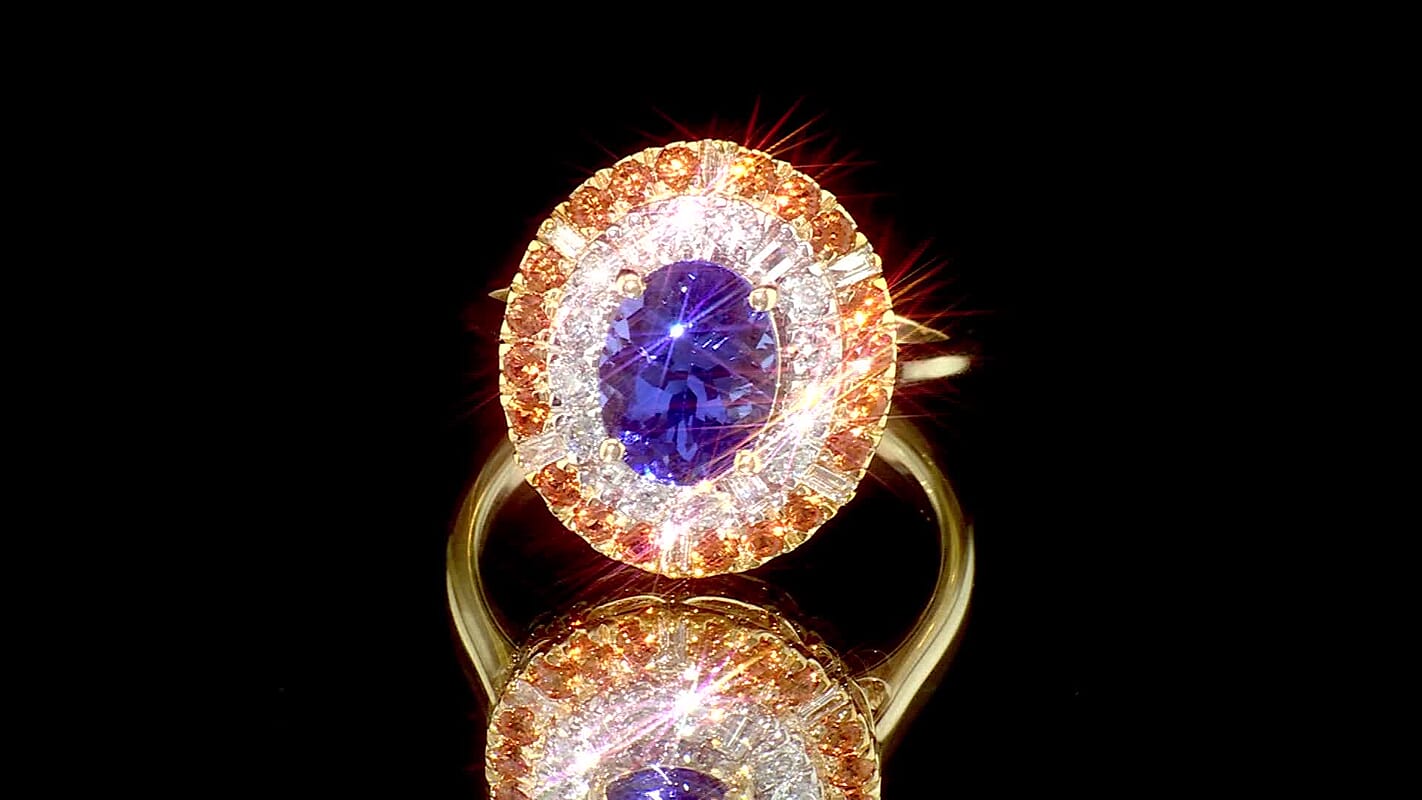 Luxuriant 10K Yellow Gold AAA Tanzanite , Padparadscha Sapphire , Lab Grown Diamond GH, SI Main Stone With Surrounding Stone Ring , Gold Wt. 3 g 3.49 ctw